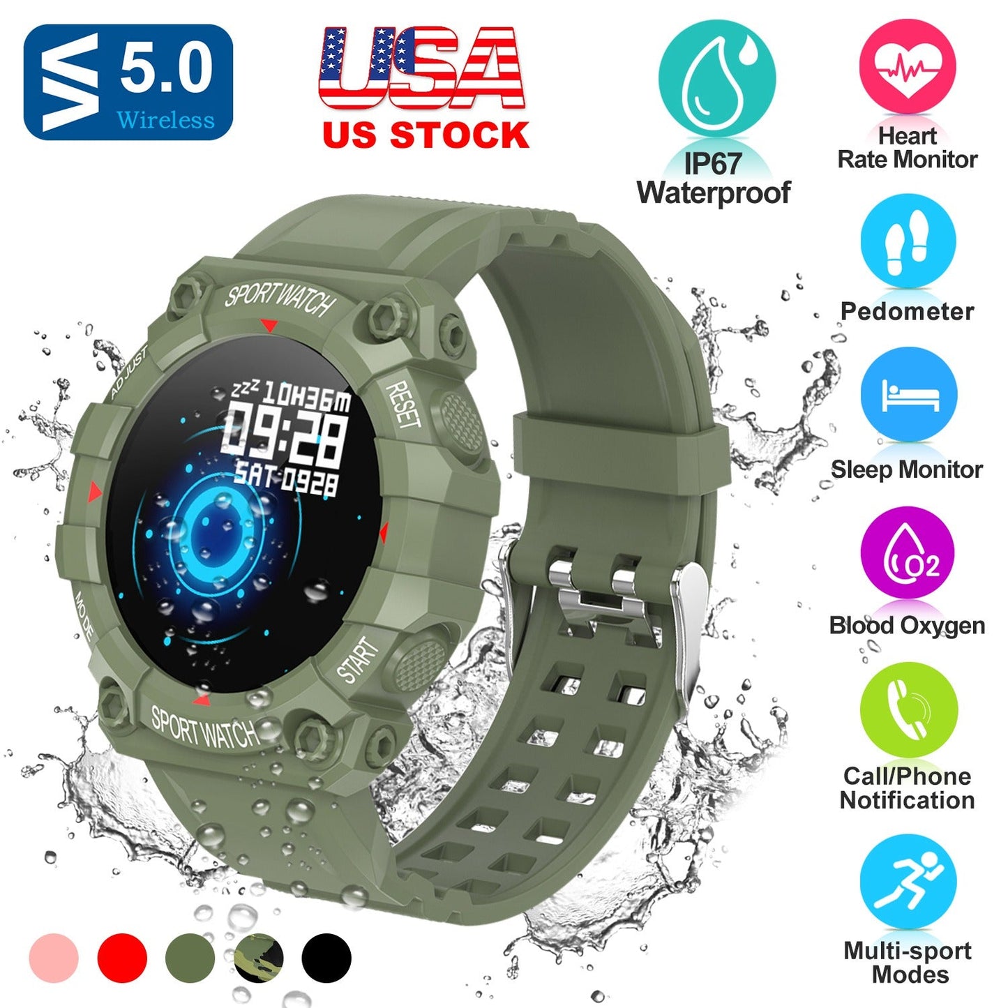 1.3in Wireless Fitness Tracker IP67 Waterproof Smart Watch Sport Bracelet w/Heart Rate Blood Pressure Sleep Monitor For Android IOS