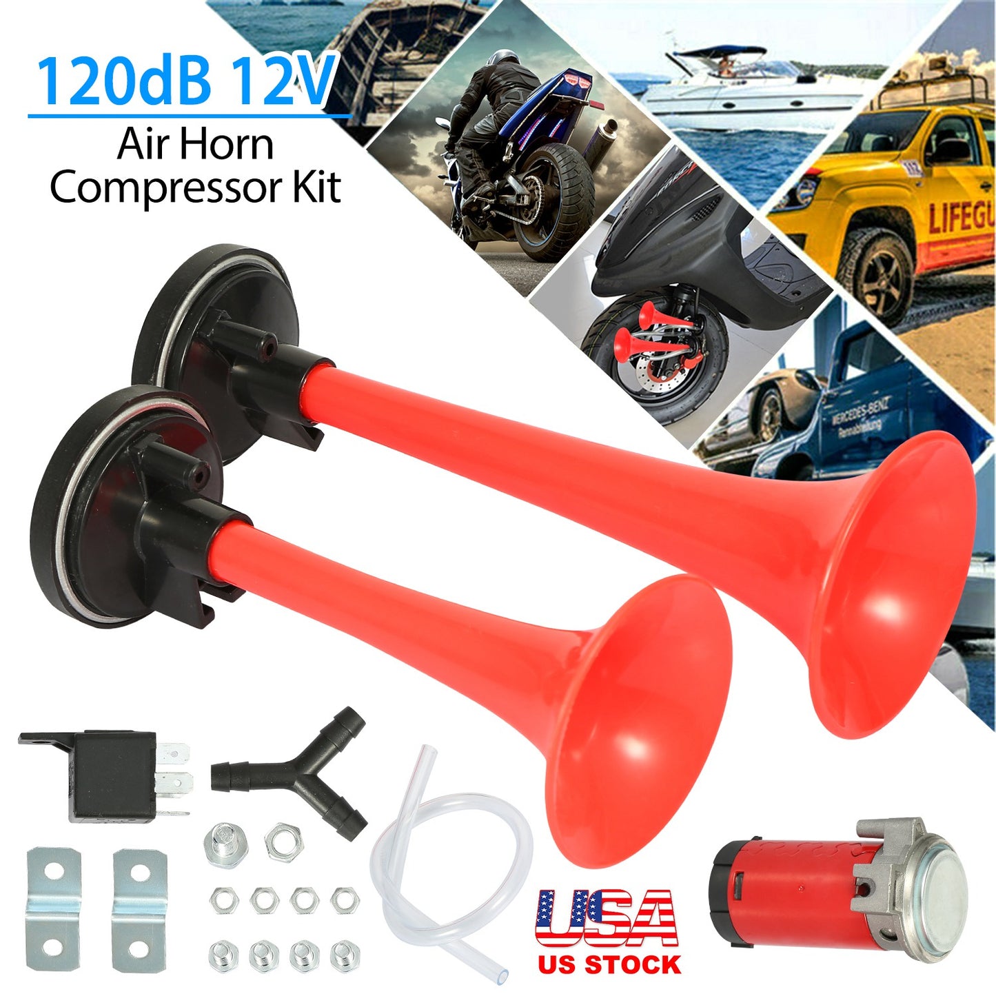 Dual Trumpet Air Horn Kit 12V 120dB with Compressor