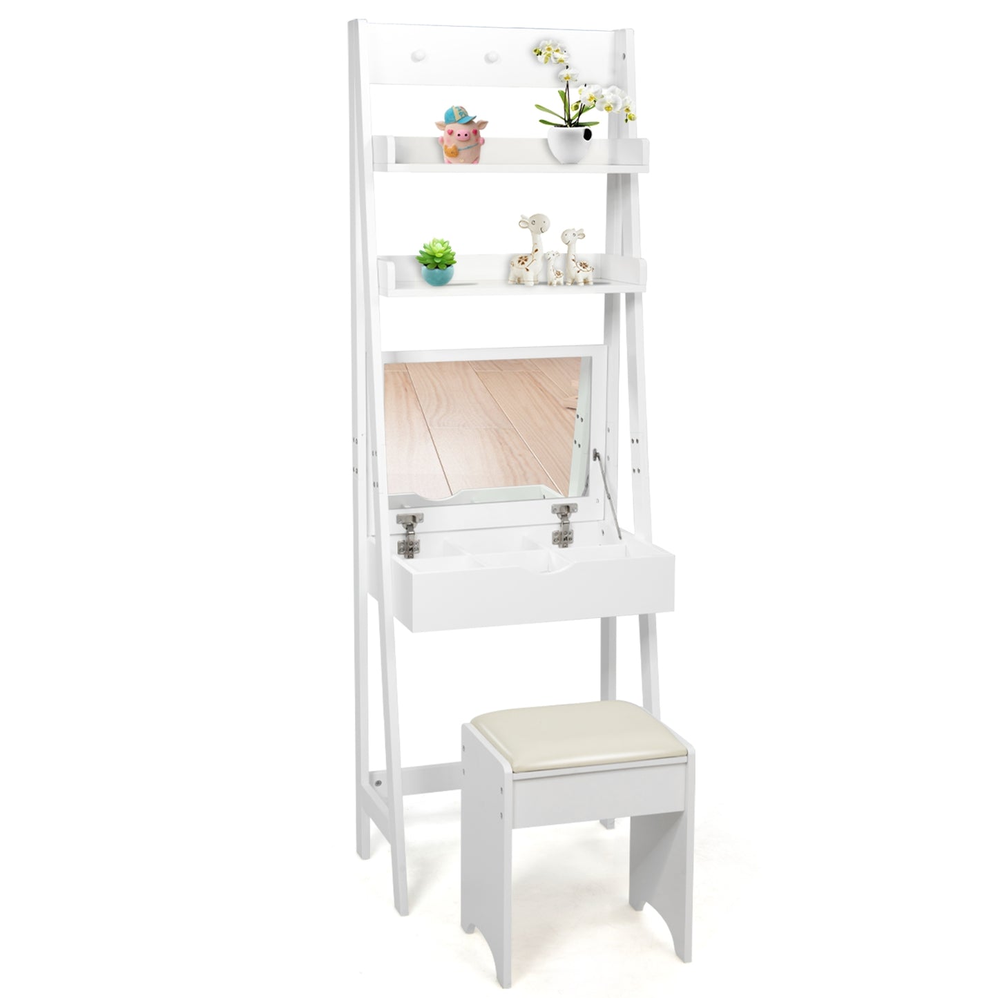 3-in-1 Vanity Set with Flip Top Mirror and Cushioned Stool