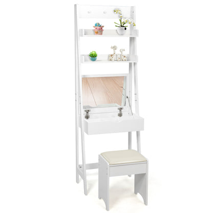 3-in-1 Vanity Set with Flip Top Mirror and Cushioned Stool