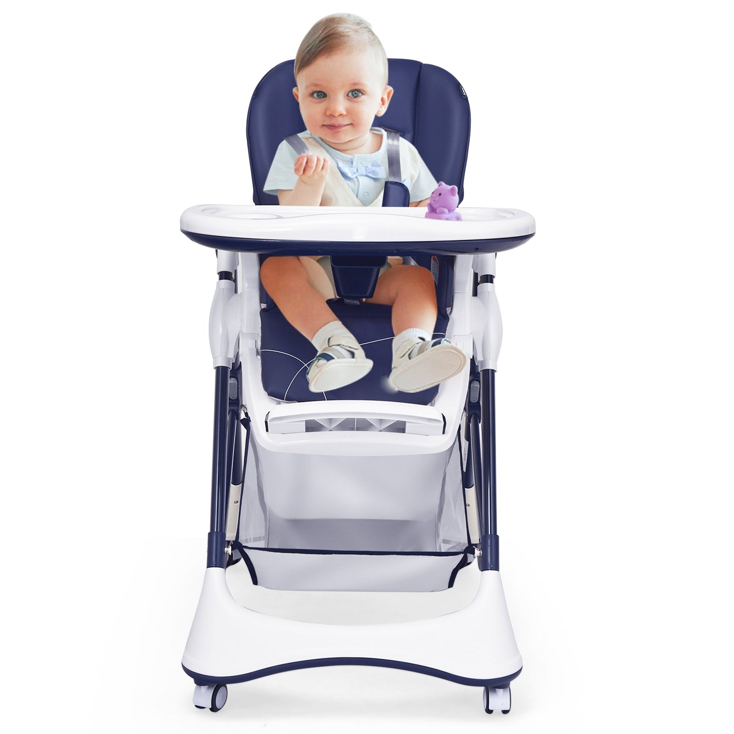Foldable High Chair with 4 Lockable Wheels and 5-Point Harness