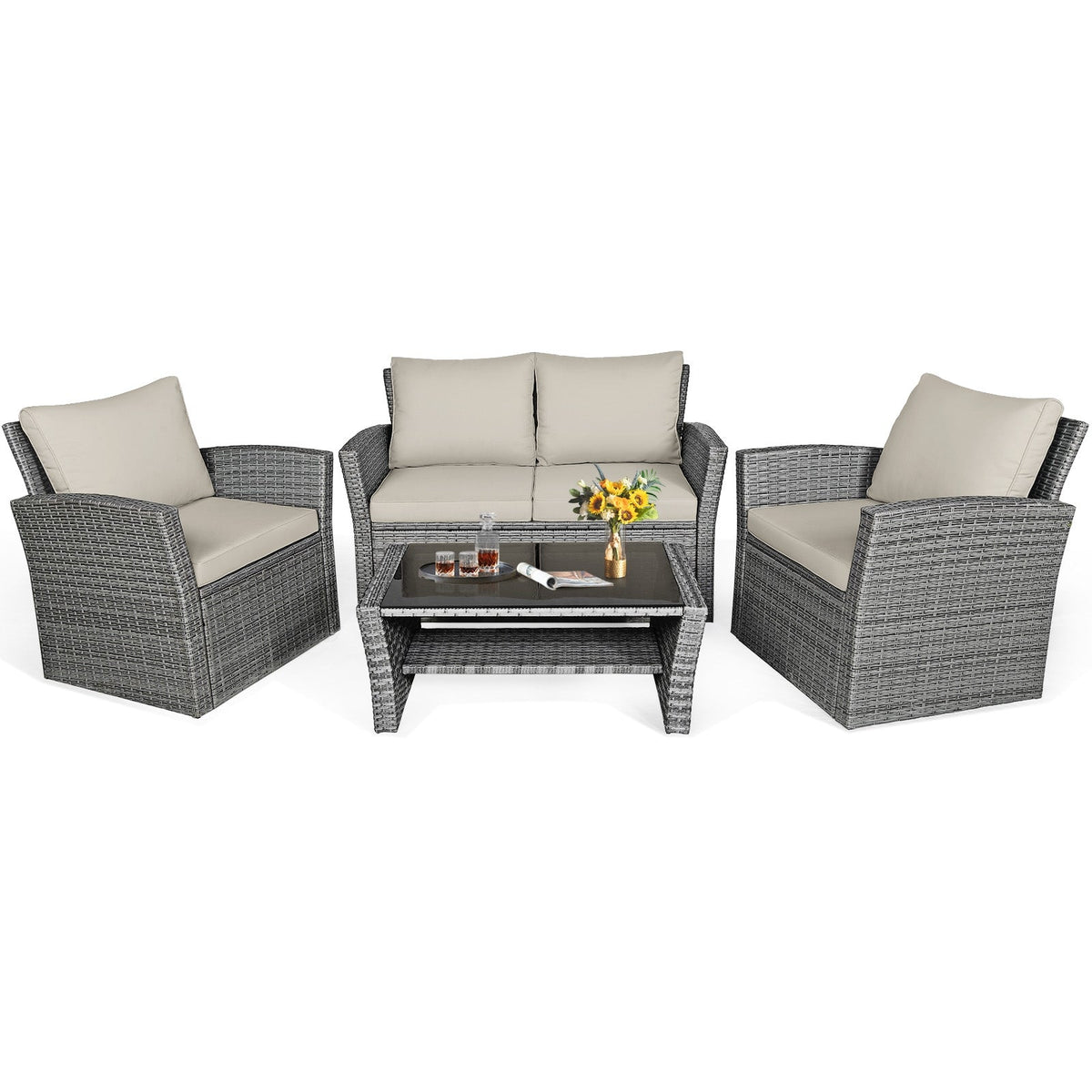 4 Pieces Patio Rattan Furniture Set Sofa Table with Storage Shelf Cushion