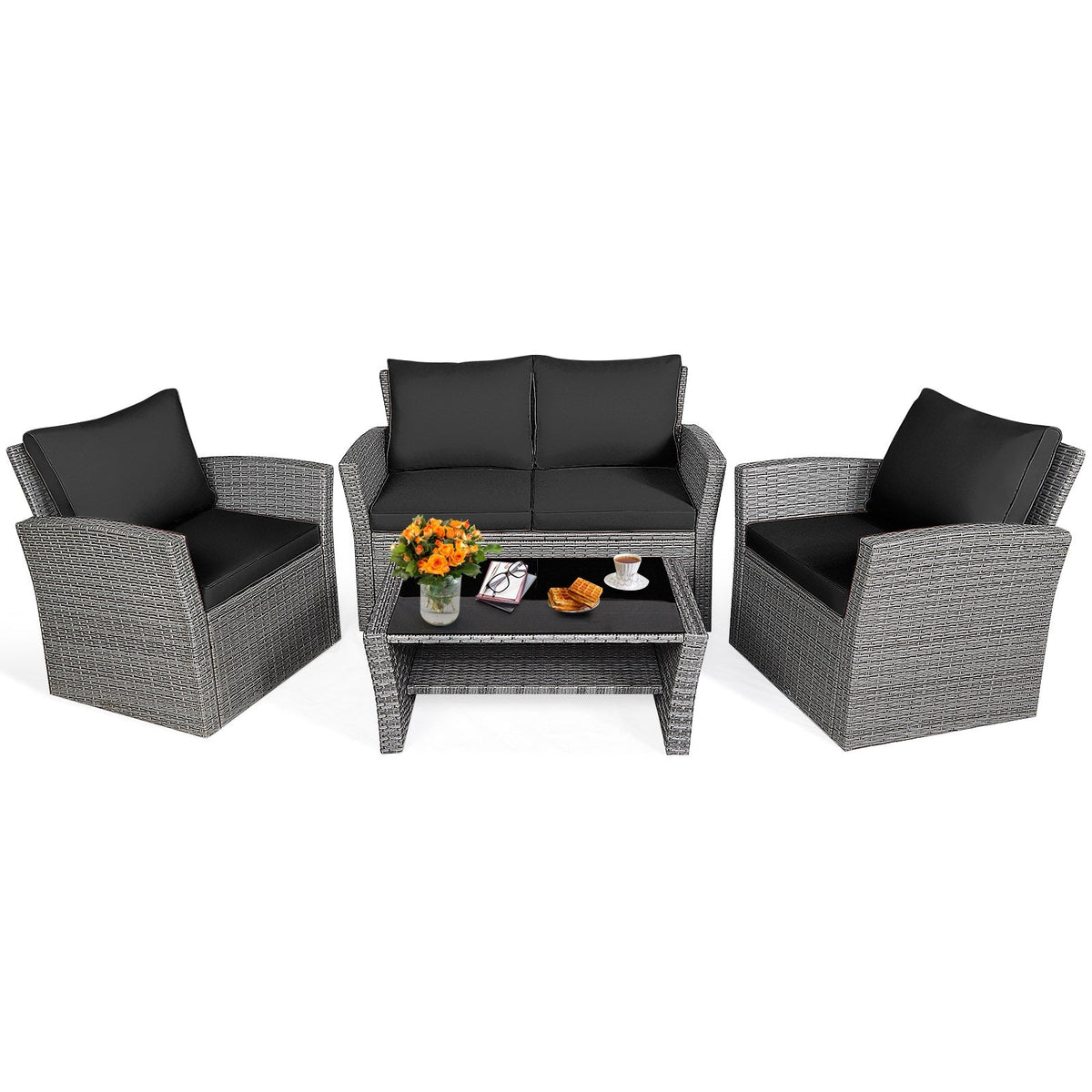 4 Pieces Patio Rattan Furniture Set Sofa Table with Storage Shelf Cushion