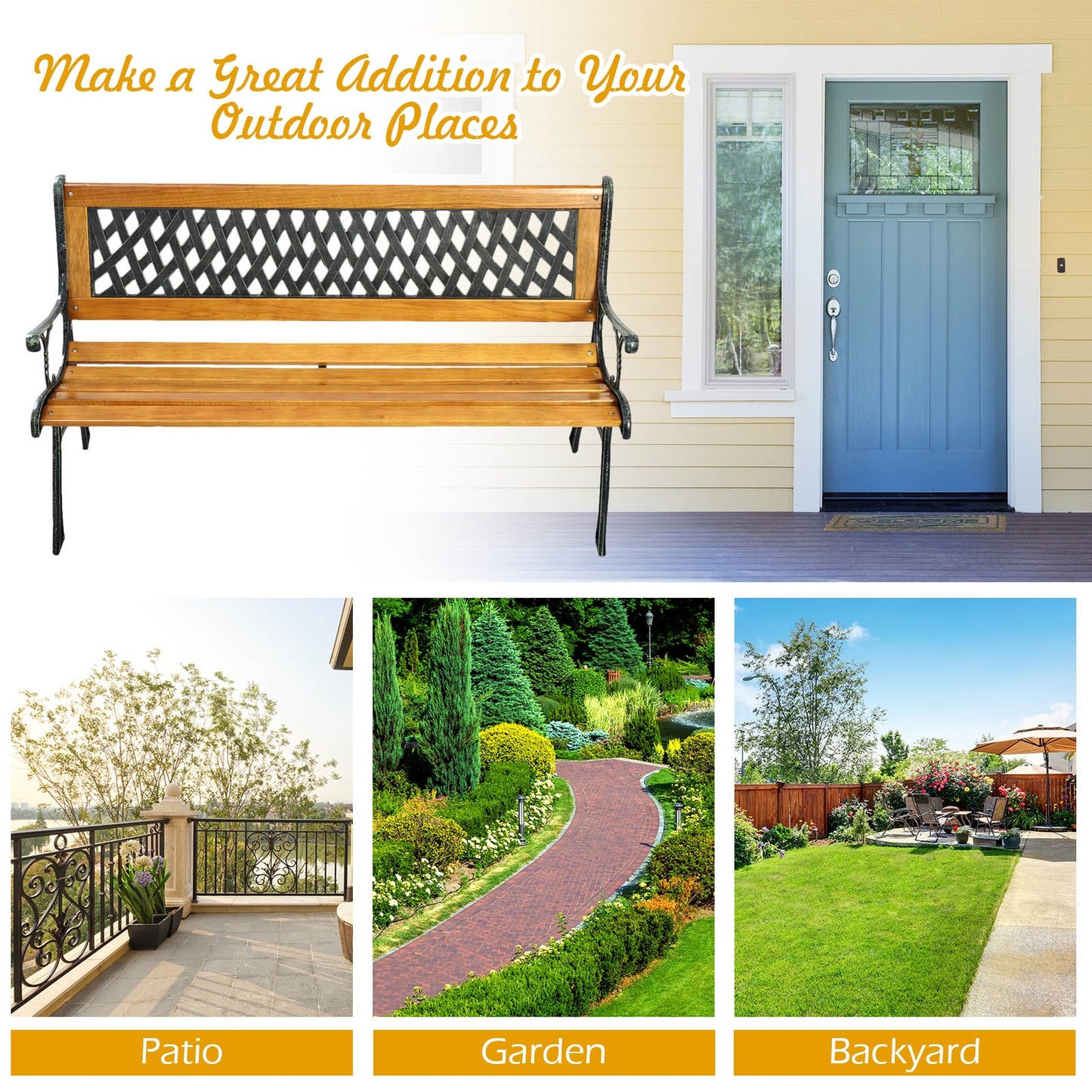 Cast Iron Patio Bench with Wood Seat - 463 lb Capacity