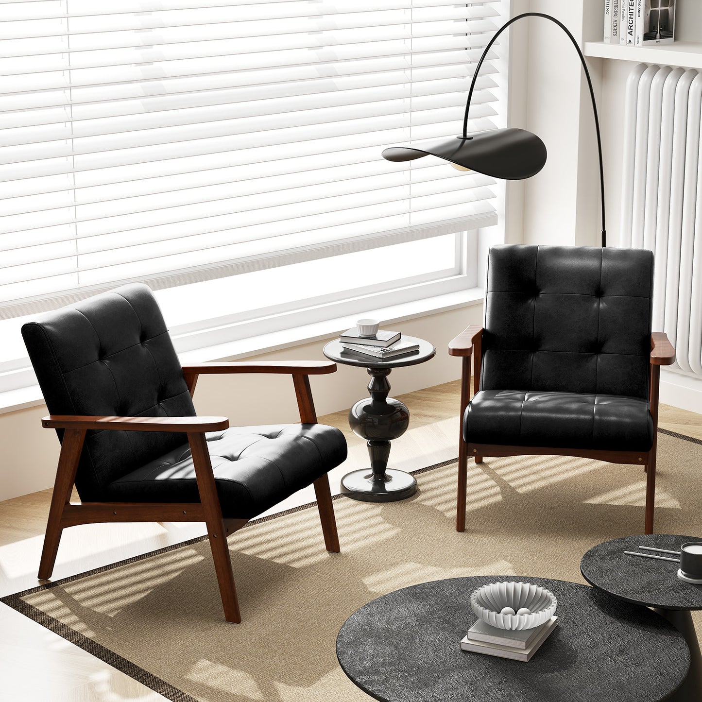 Mid Century Accent Chair with Tufted Leather Upholstery