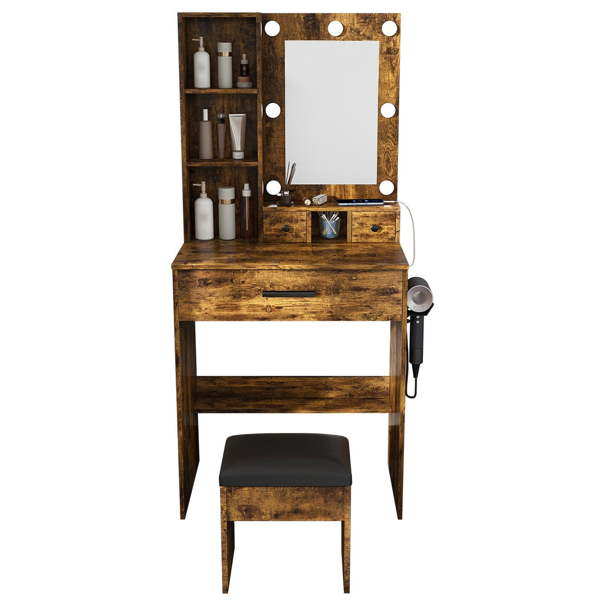 Vanity Desk Set with LED Lighted Mirror & Padded Stool