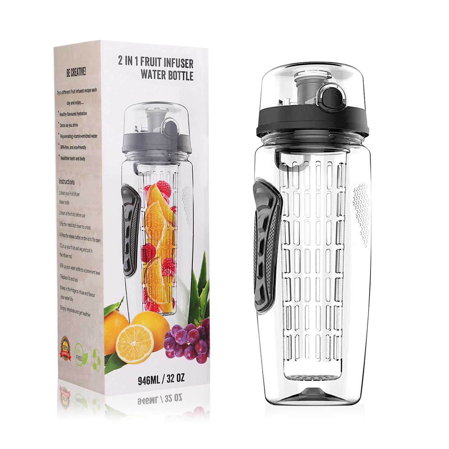 Fruit Infuser Water Bottle 32oz with Flip Top Lid