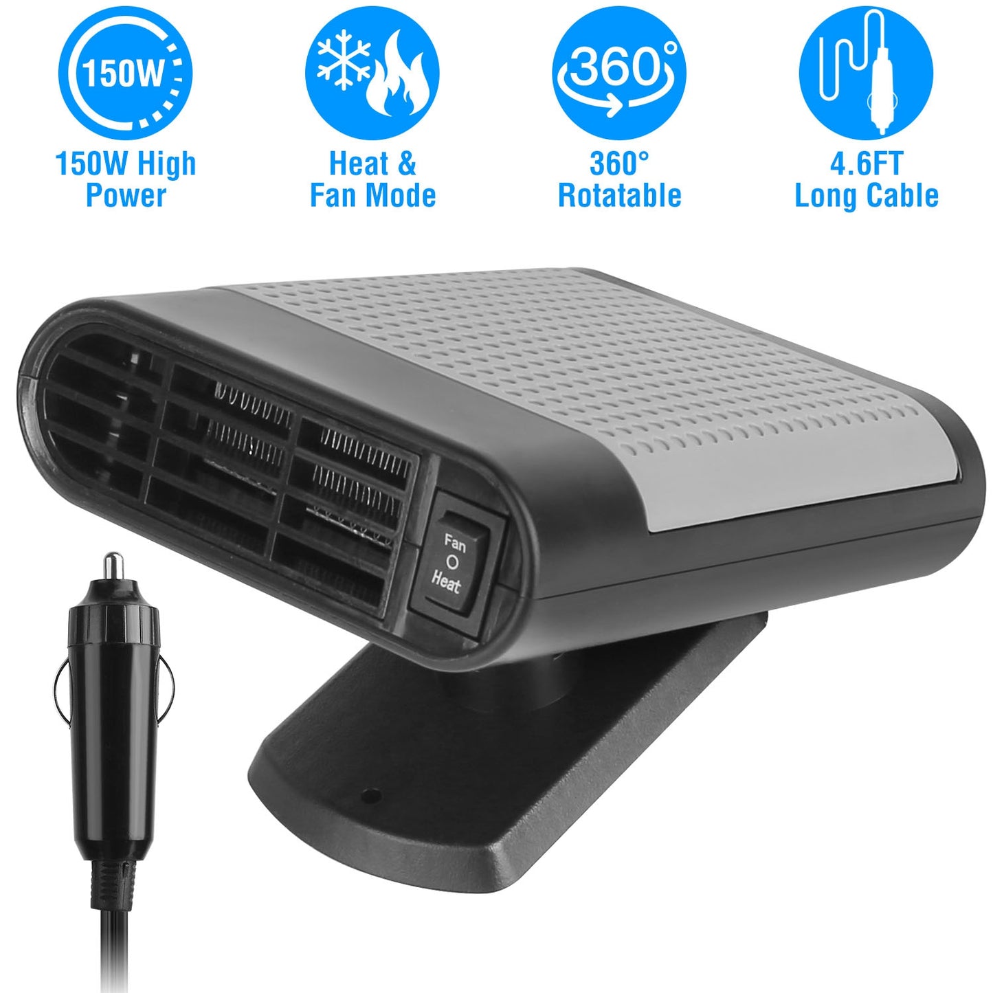 Portable Car Heater 150W 2-in-1 Defroster Fan with 360° Base