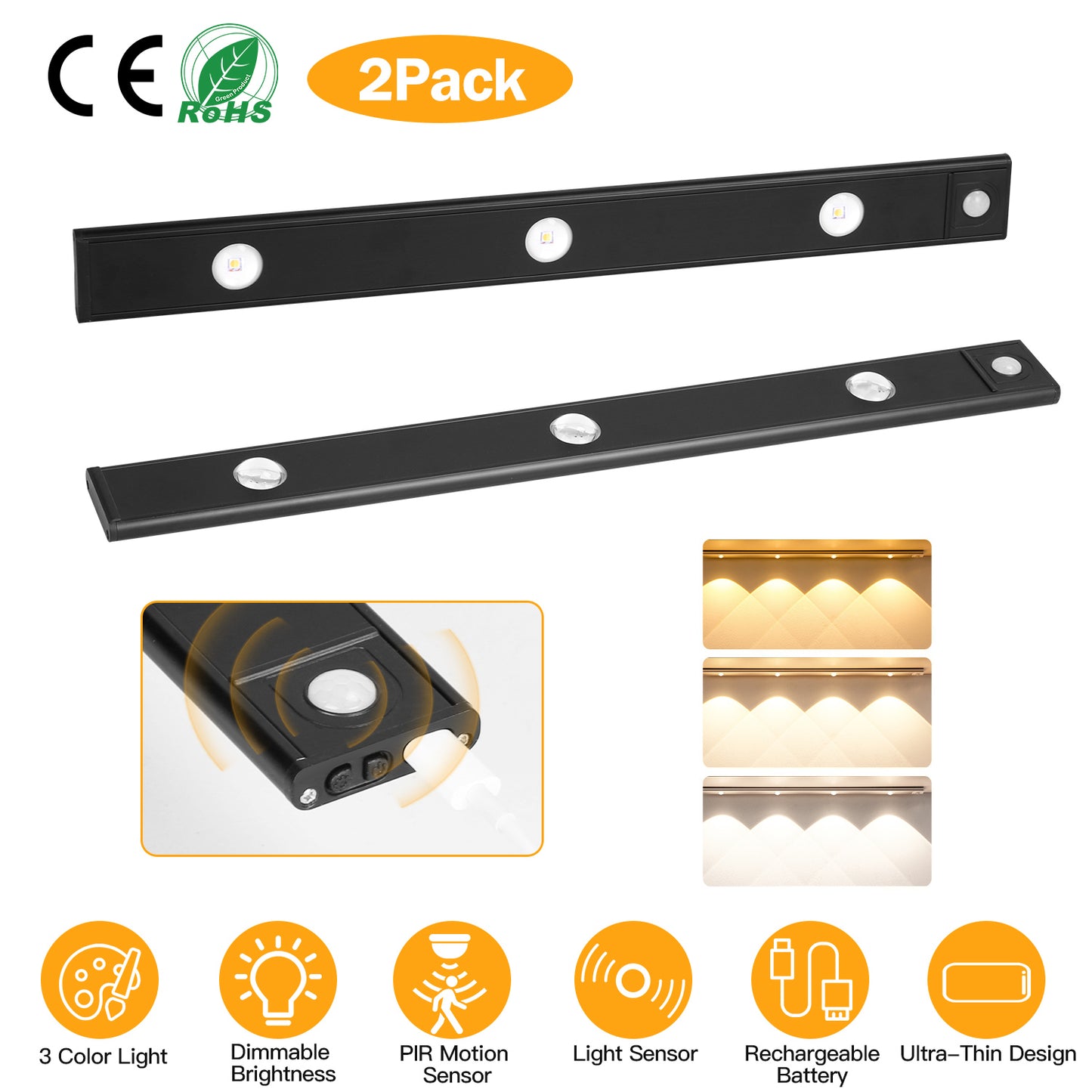 Rechargeable Motion Sensor Cabinet Light 2-Pack with 3 Colors