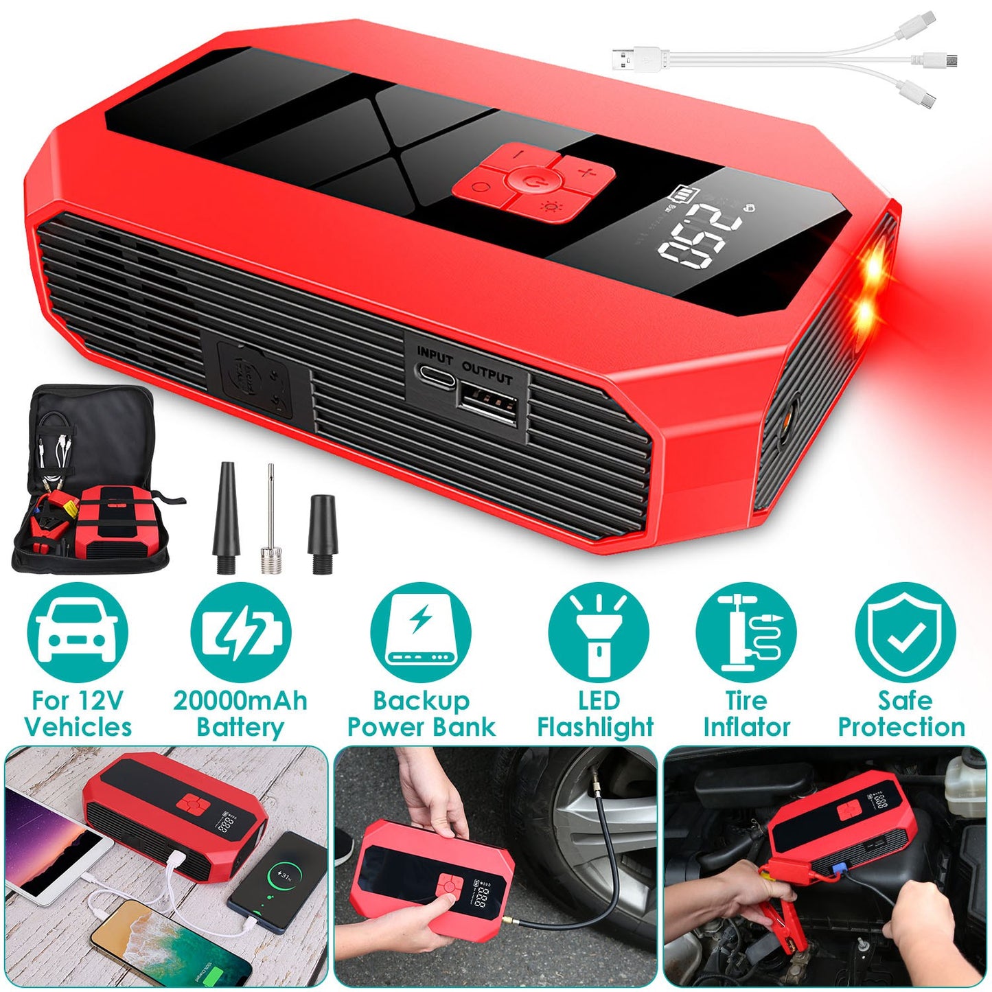 Car Jump Starter 1500A with Air Compressor & Power Bank