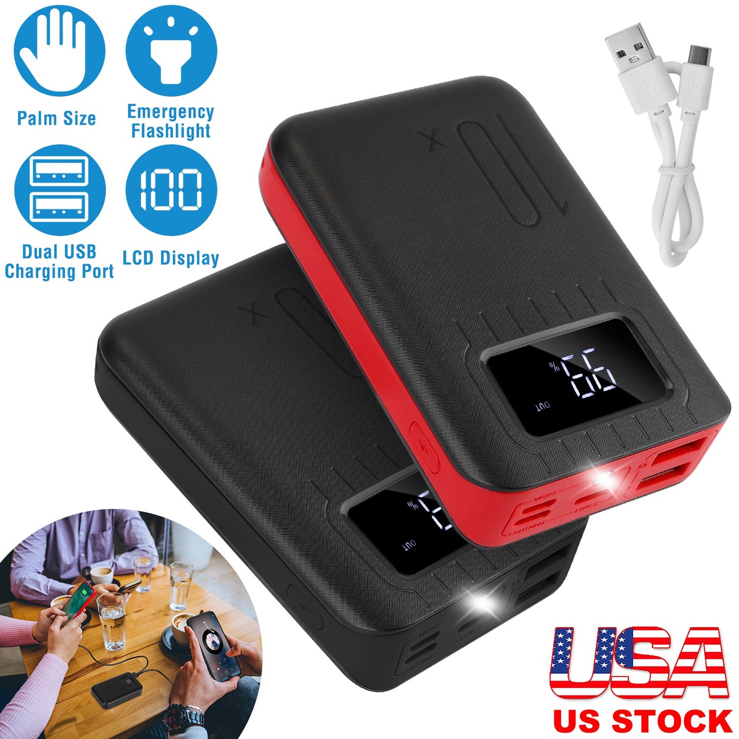 10000mAh Portable Power Bank with Dual USB Ports & LCD Display