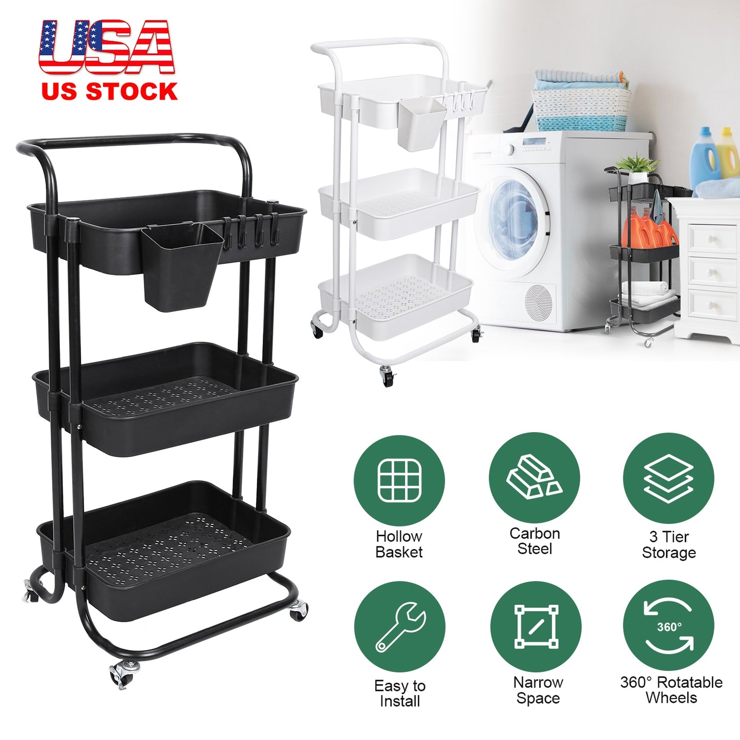 3-Tier Rolling Utility Cart with Lockable Wheels & Mesh Baskets