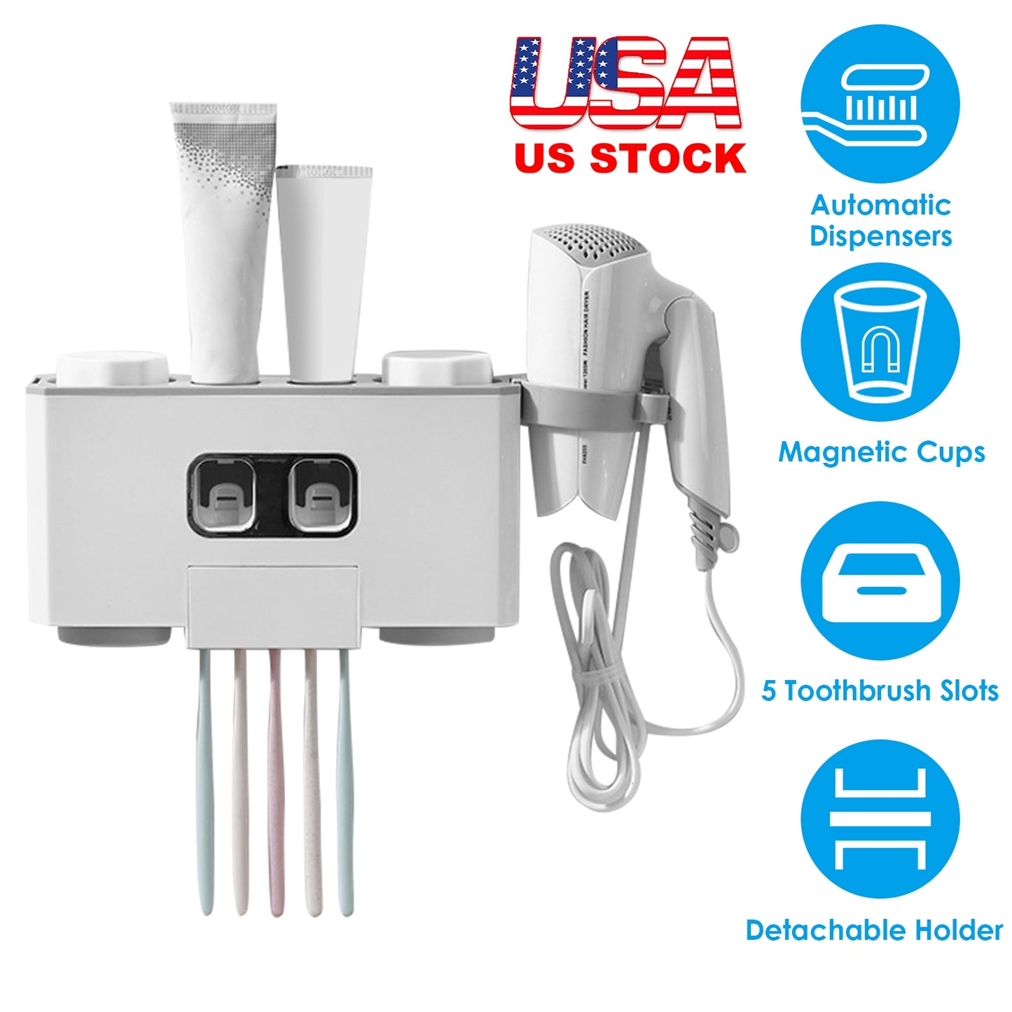 Wall Mount Toothbrush Holder with Automatic Toothpaste Dispenser