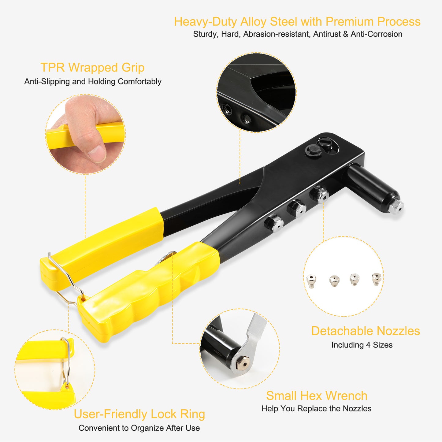 Heavy Duty Hand Riveter Gun with 4 Nozzles and Wrench