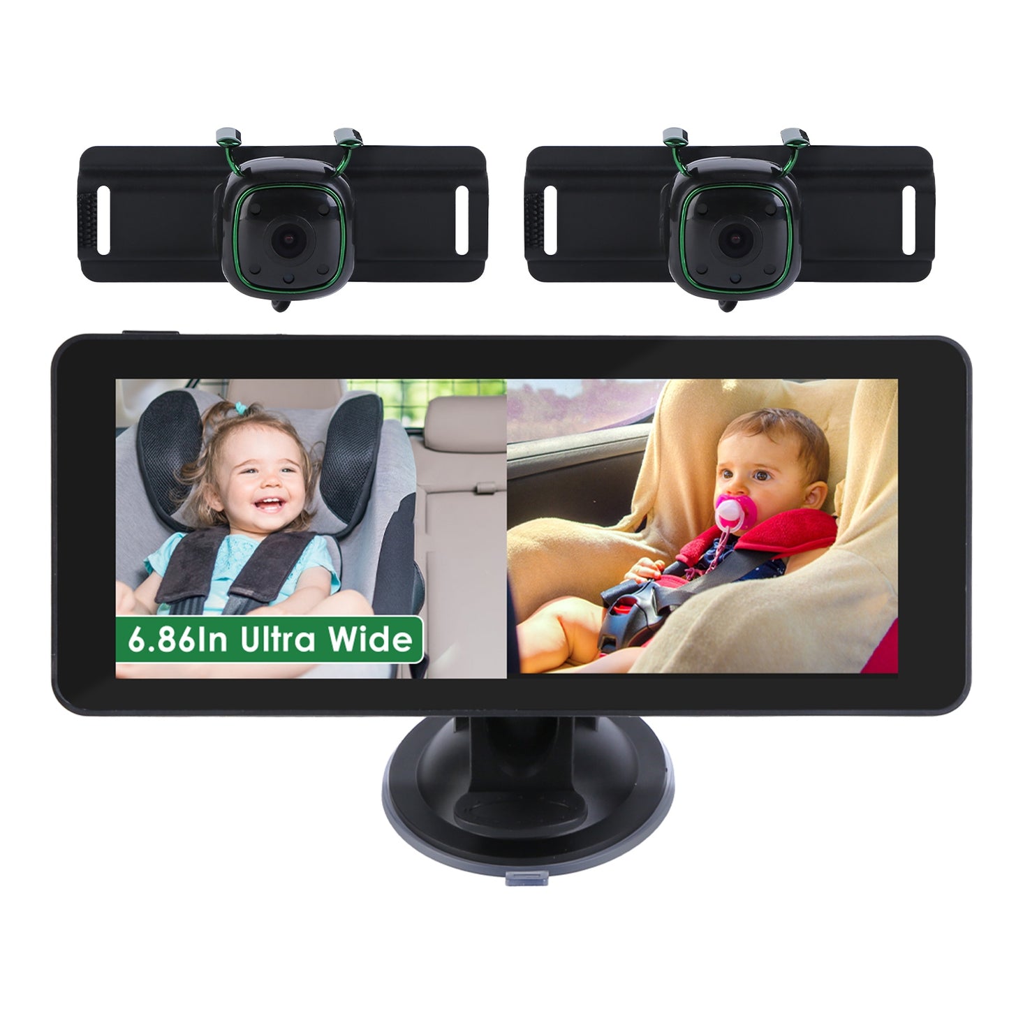 Dual Camera Baby Car Monitor with 6.86" Split Screen & Night Vision