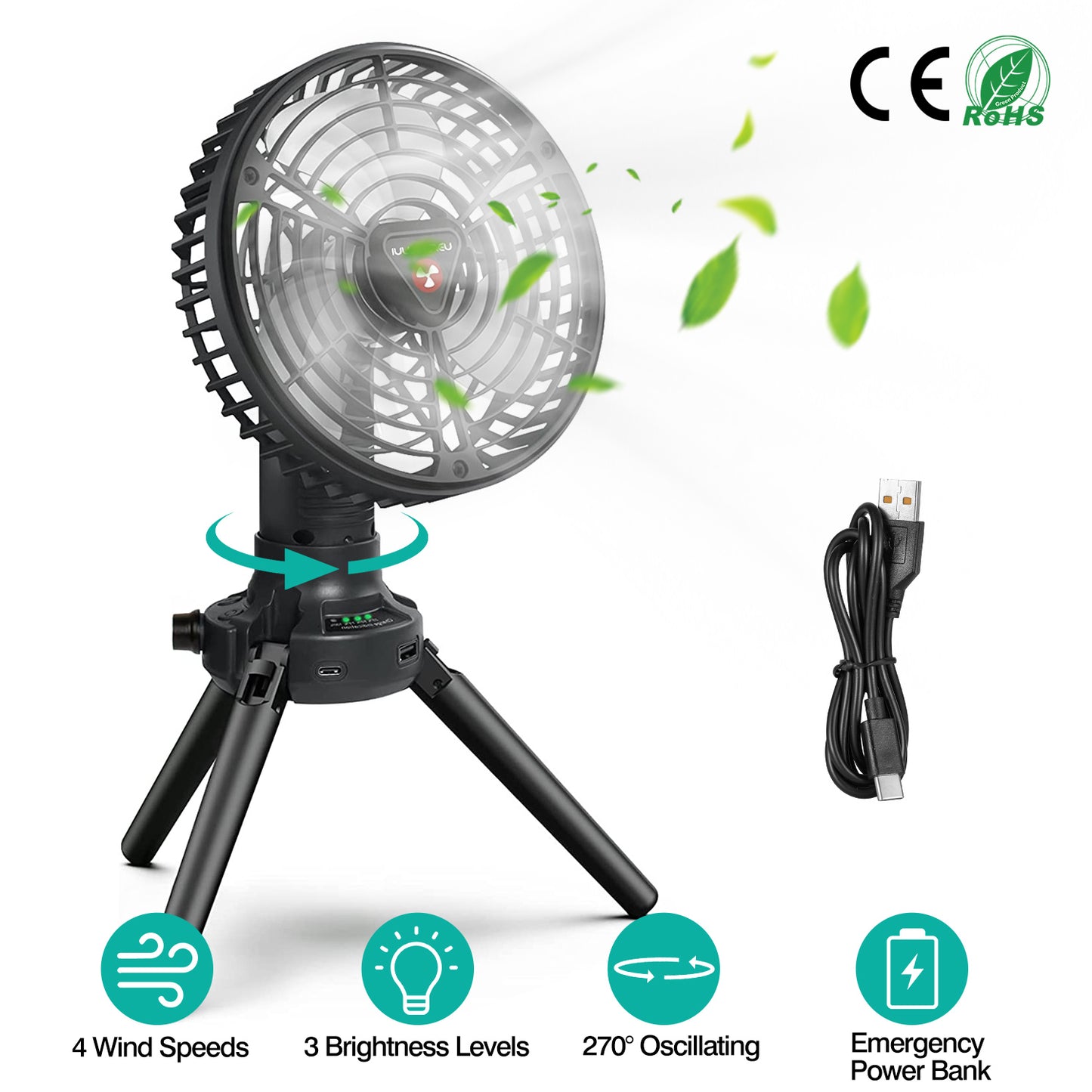 Camping Fan with LED Light & Power Bank - 270° Oscillating