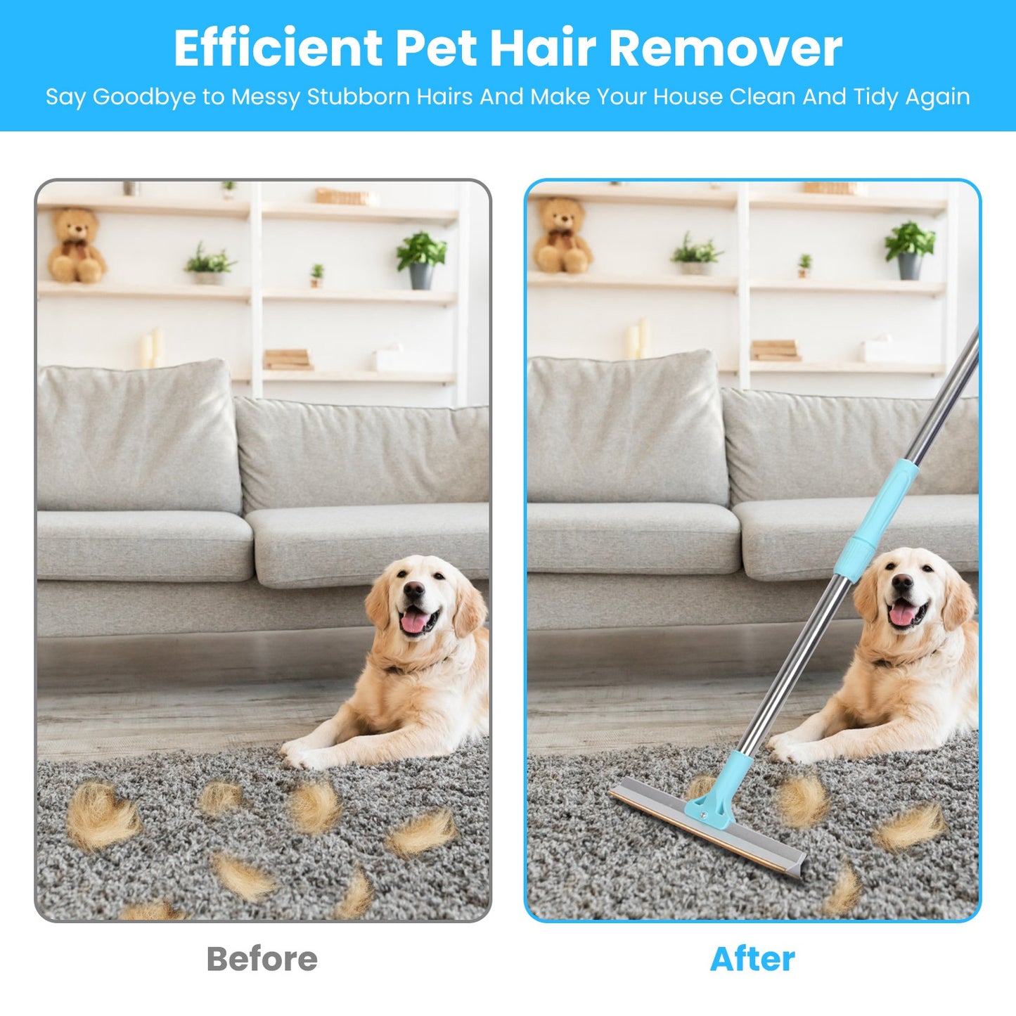 Pet Hair Removal Rake with 54" Adjustable Telescopic Handle