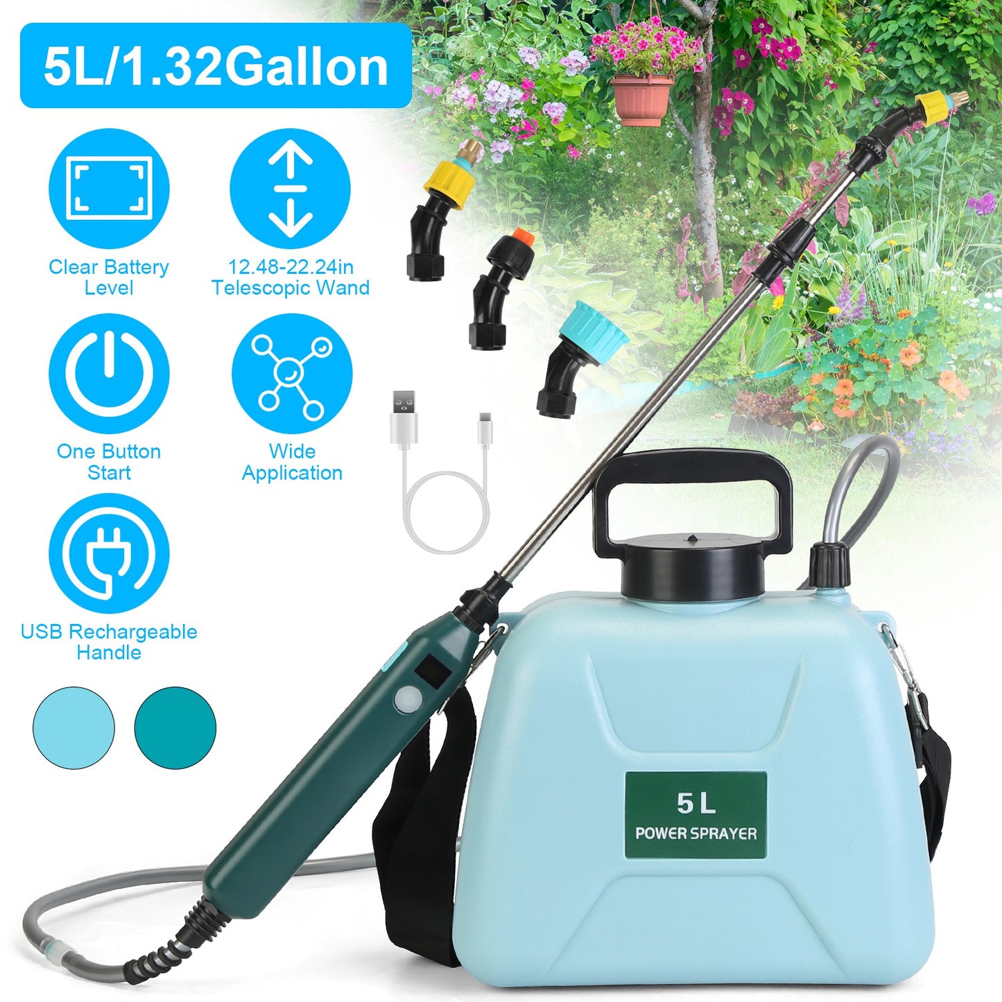 Electric Garden Sprayer 5L Battery Powered with Telescopic Wand