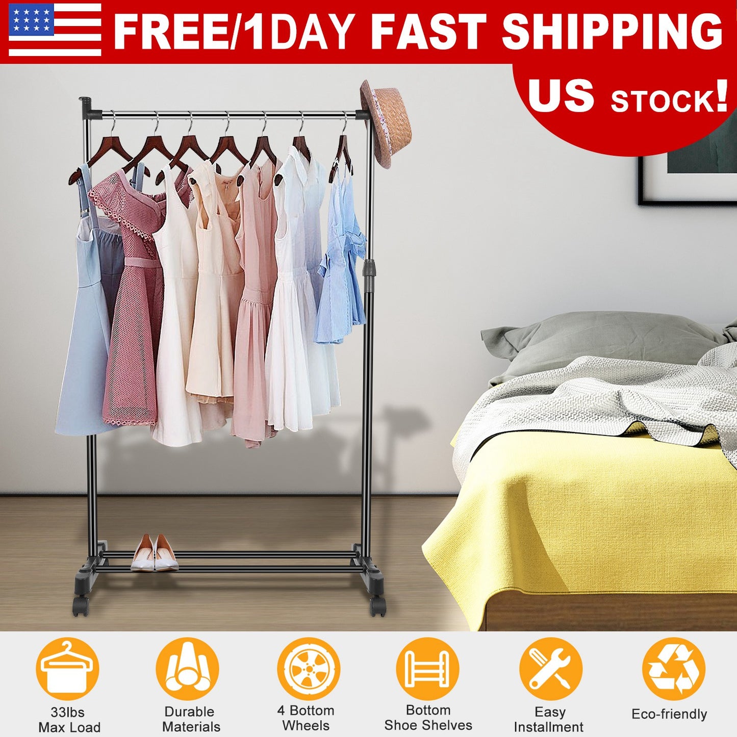 Adjustable Garment Rack with Wheels and Storage Shelf