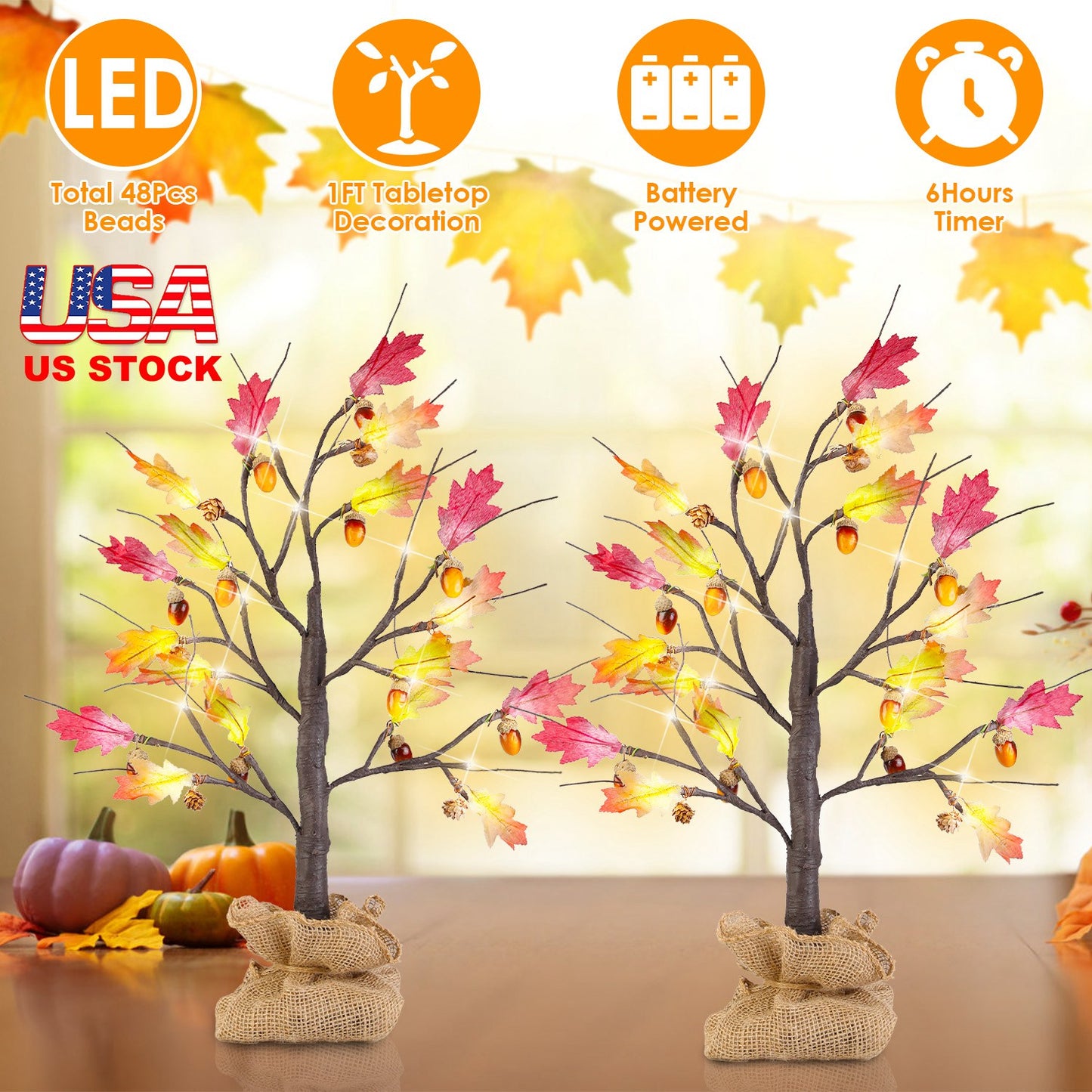 Lighted Maple Tree with 24 LED Beads & Timer (2-Pack)