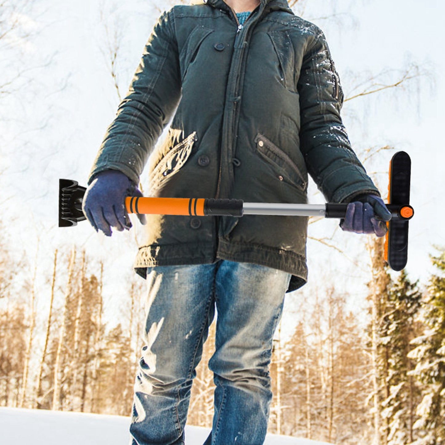 Extendable Snow Brush and Ice Scraper with Pivoting Head