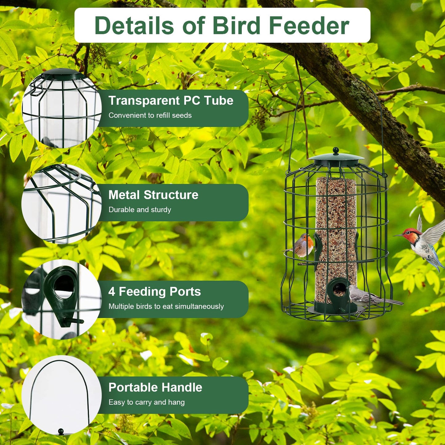 Squirrel-Proof Metal Bird Feeder with 4 Feeding Ports