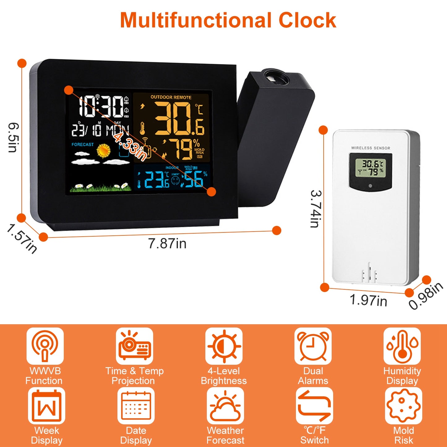 Atomic Projection Alarm Clock with Weather Station & Dual Alarms
