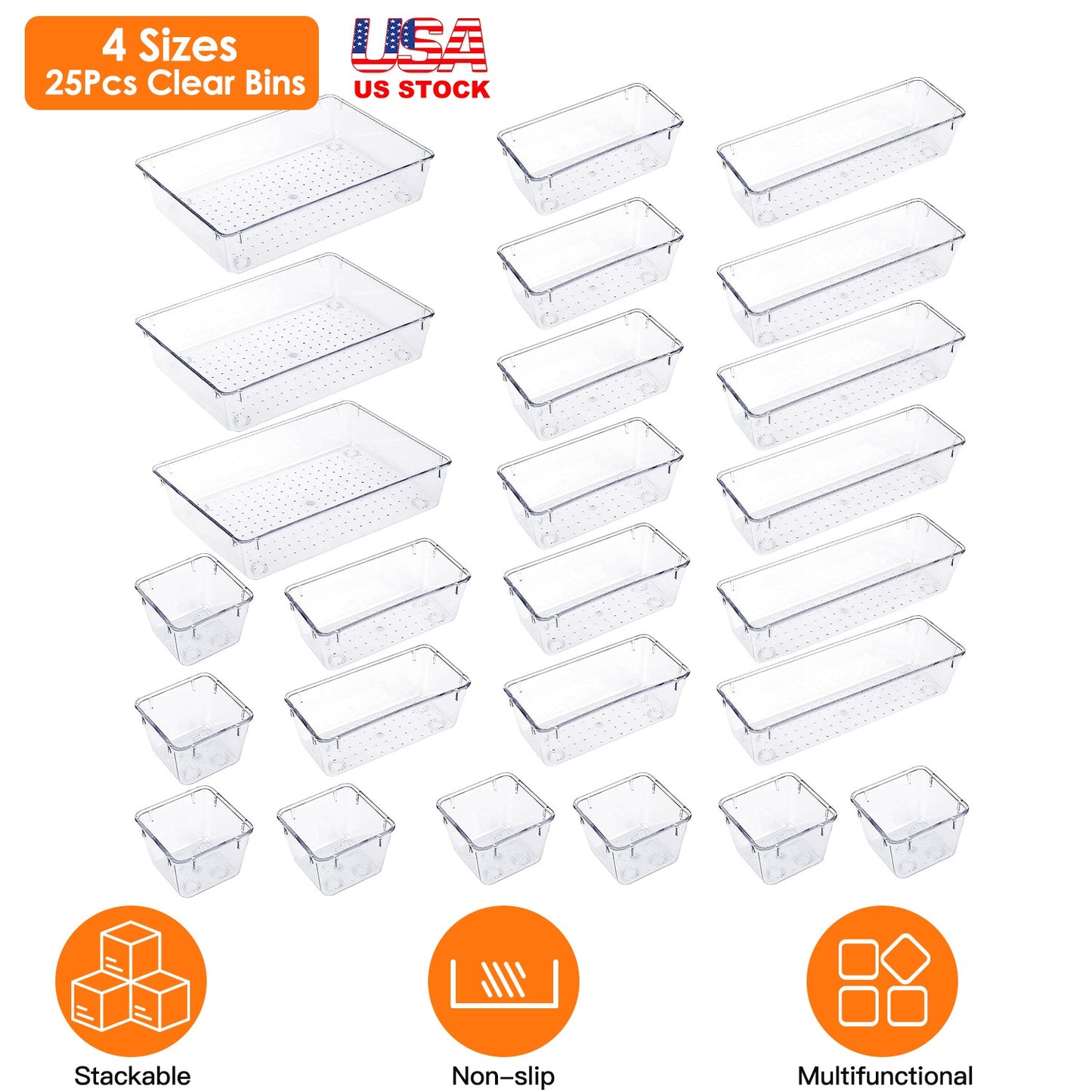 Clear Drawer Organizers Set - 25 Piece Storage Bins