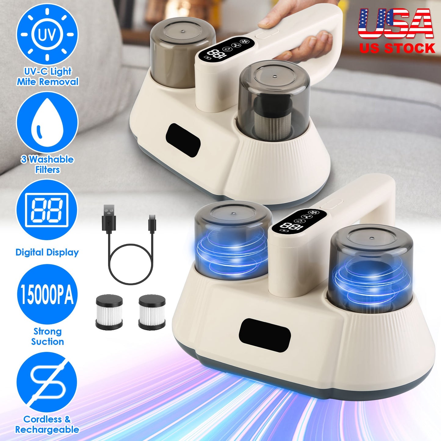 Cordless Mattress Vacuum Cleaner with UV-C Light & 15000PA Suction
