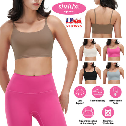 Women Strap Sport Bras Padded Strappy Crop Square Neck Low Impact Bras Sexy Fitness Tank Tops with Removable Pads Flat Straps for Gym Yoga Workout Run