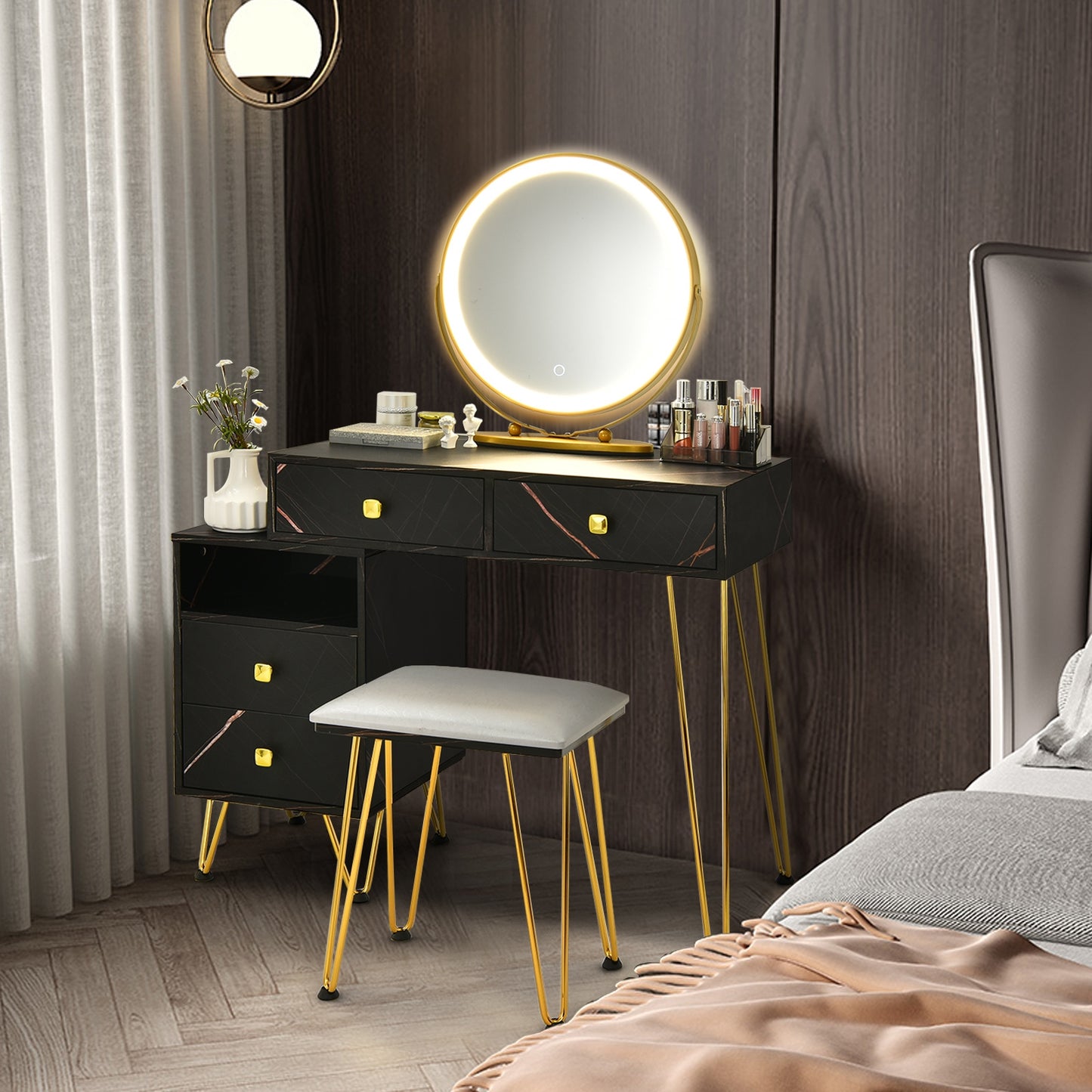 Vanity Table with LED Lighted Mirror and Storage Cabinet