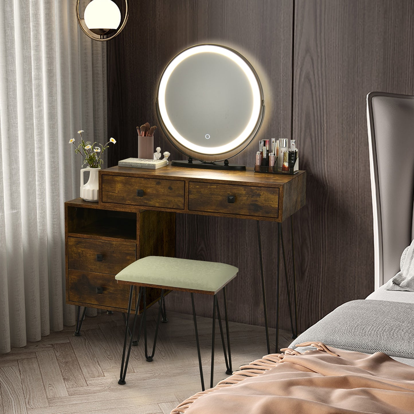 Vanity Table with LED Lighted Mirror and Storage Cabinet