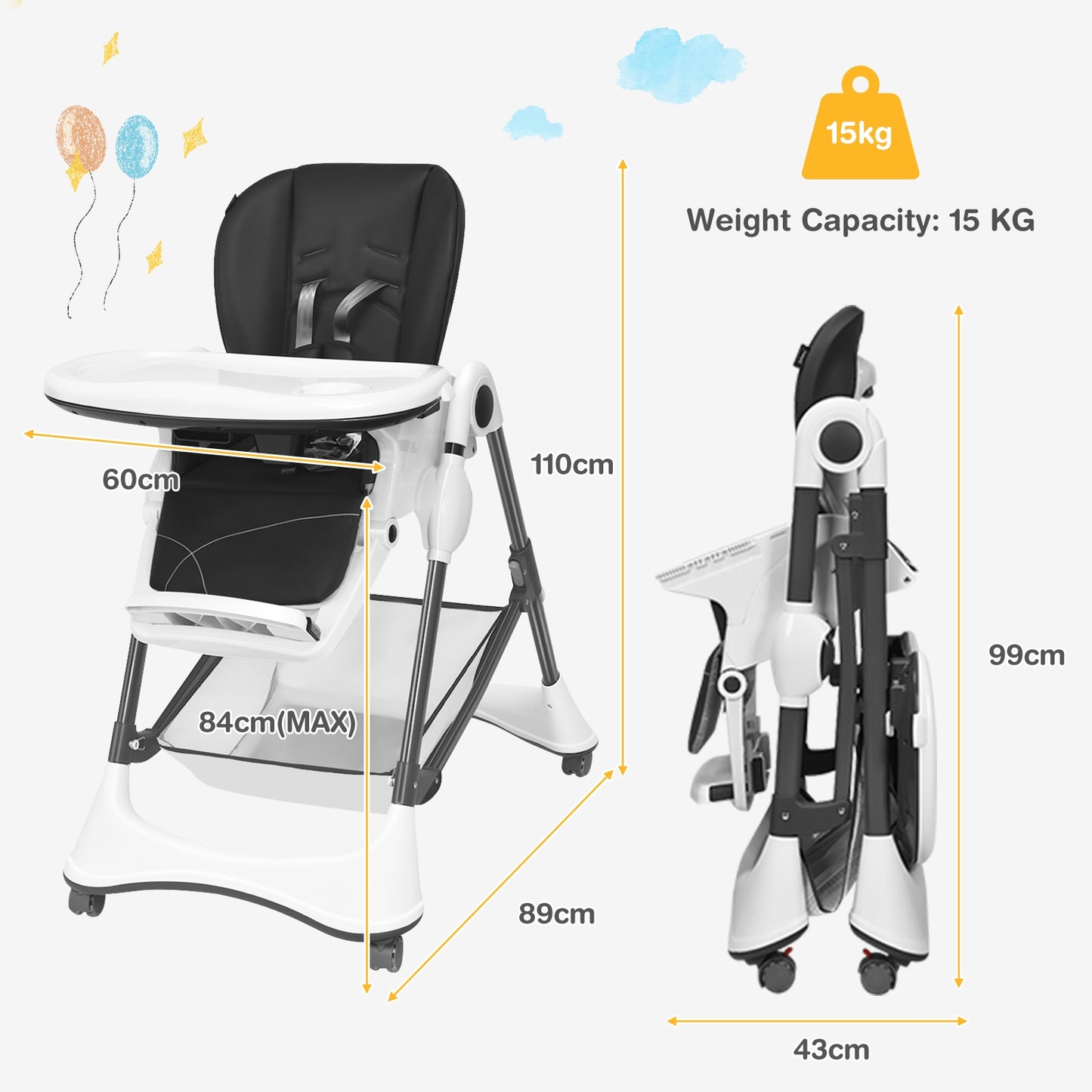 Foldable High Chair with 4 Lockable Wheels and 5-Point Harness
