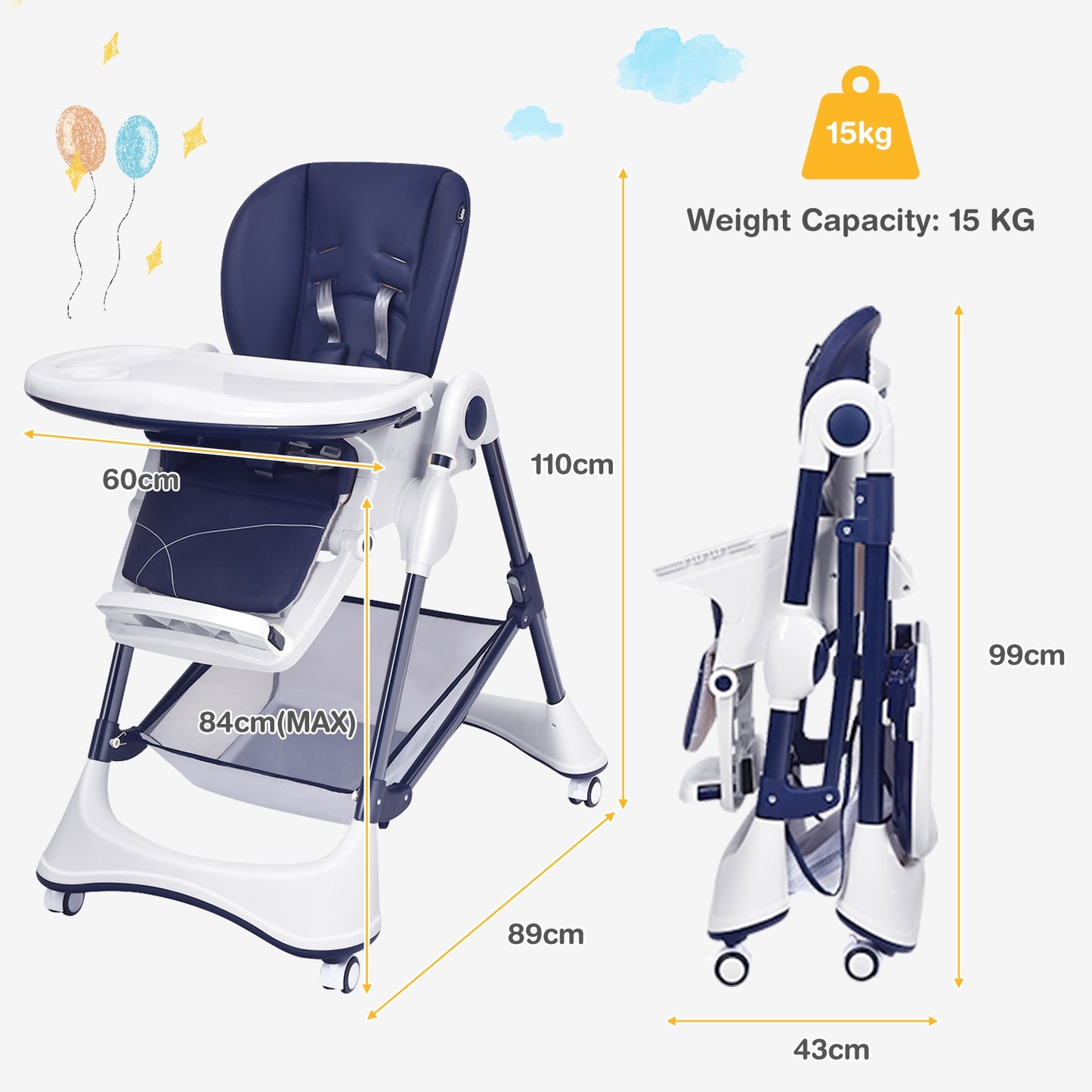 Foldable High Chair with 4 Lockable Wheels and 5-Point Harness