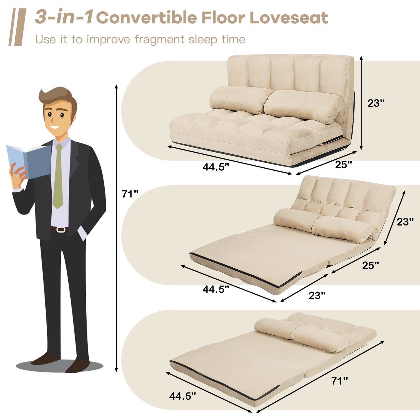 6-Position Foldable Floor Sofa Bed with Removable Cover