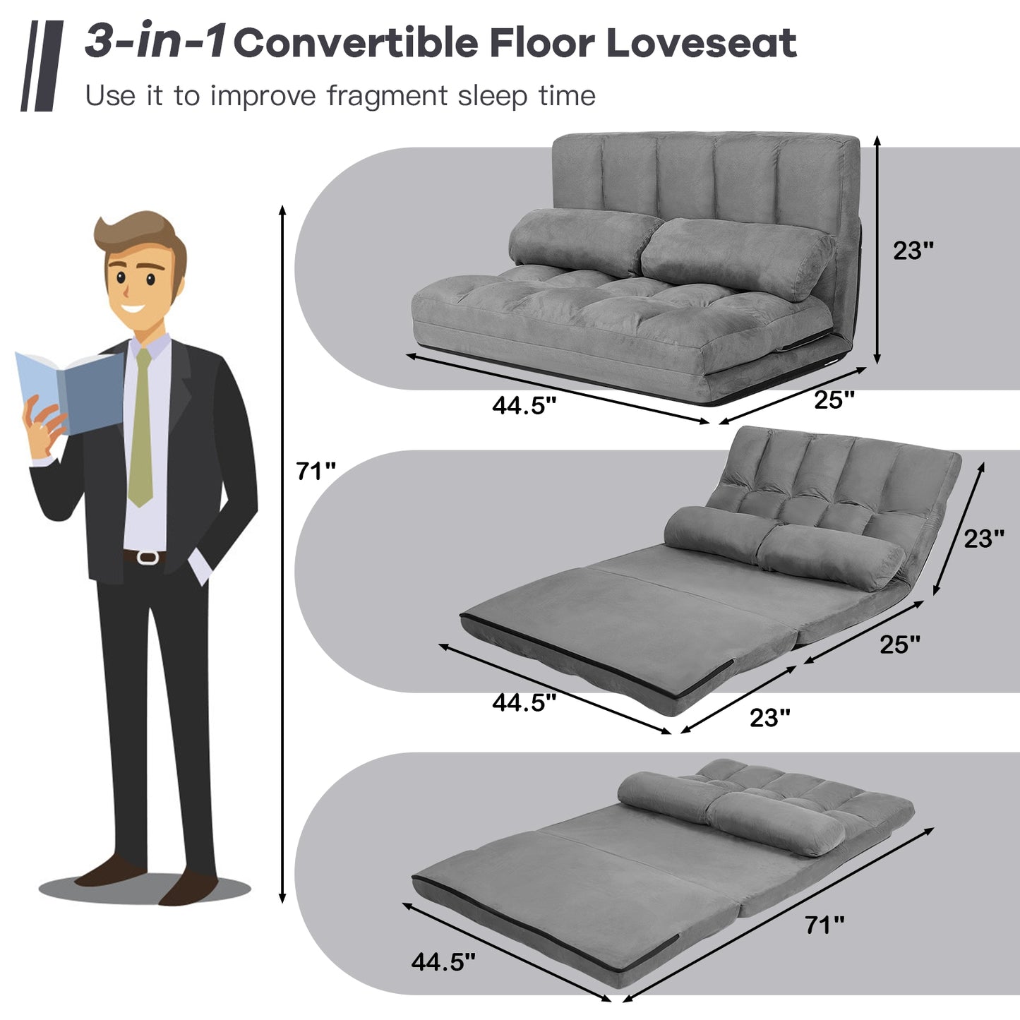 6-Position Foldable Floor Sofa Bed with Removable Cover