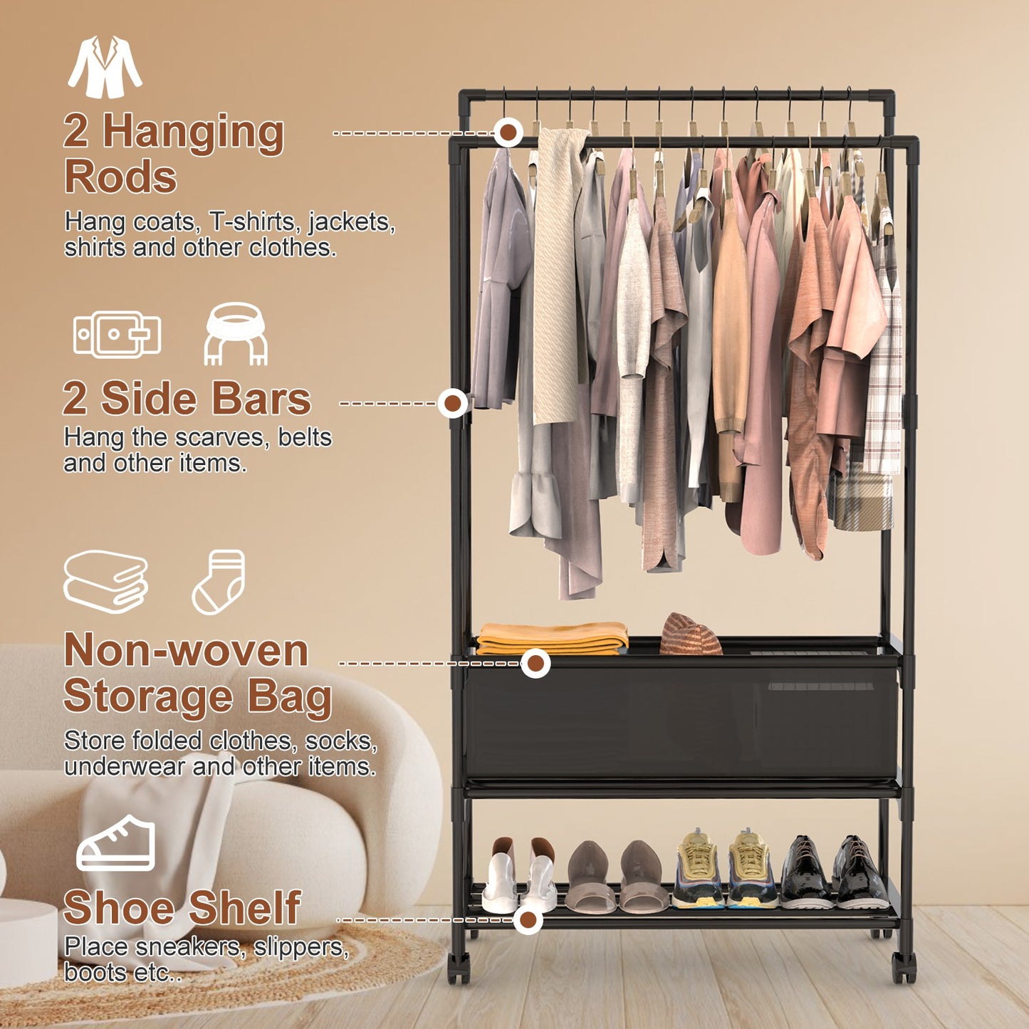 Double Rod Garment Rack with Storage Bag and Lockable Wheels