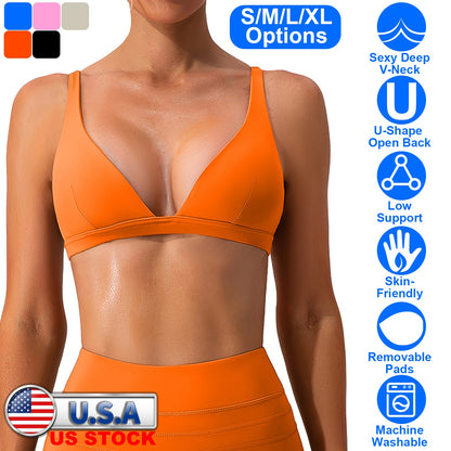 Women Deep V-Neck Sports Bras U-Shaped Back Sport Bras Padded Strappy Crop Open Back Low Impact Bras Sexy Fitness Tank Tops with Removable Pads for Gy
