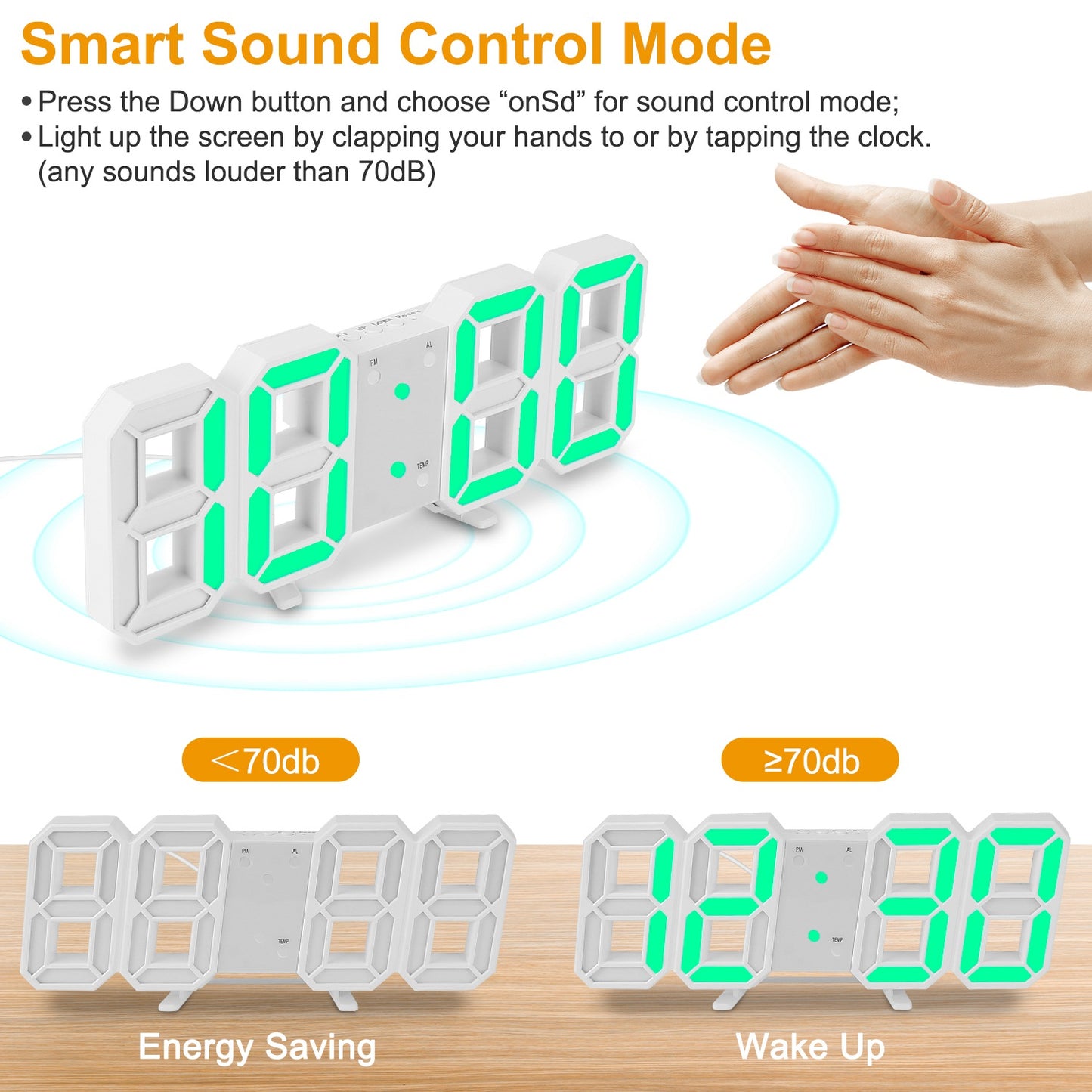 3D LED Digital Wall Clock with Sound Control and Temperature