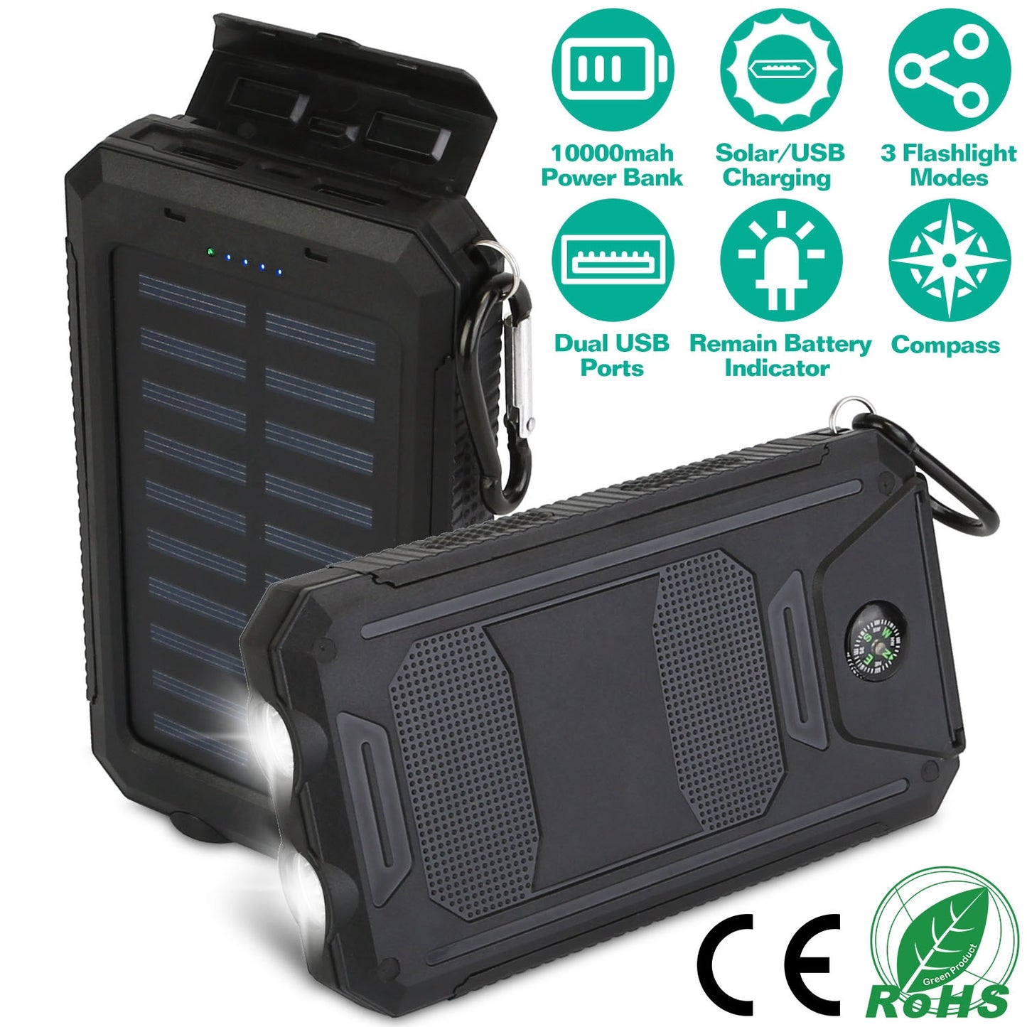 10000mAh Solar Power Bank with Dual USB Ports and LED Flashlight