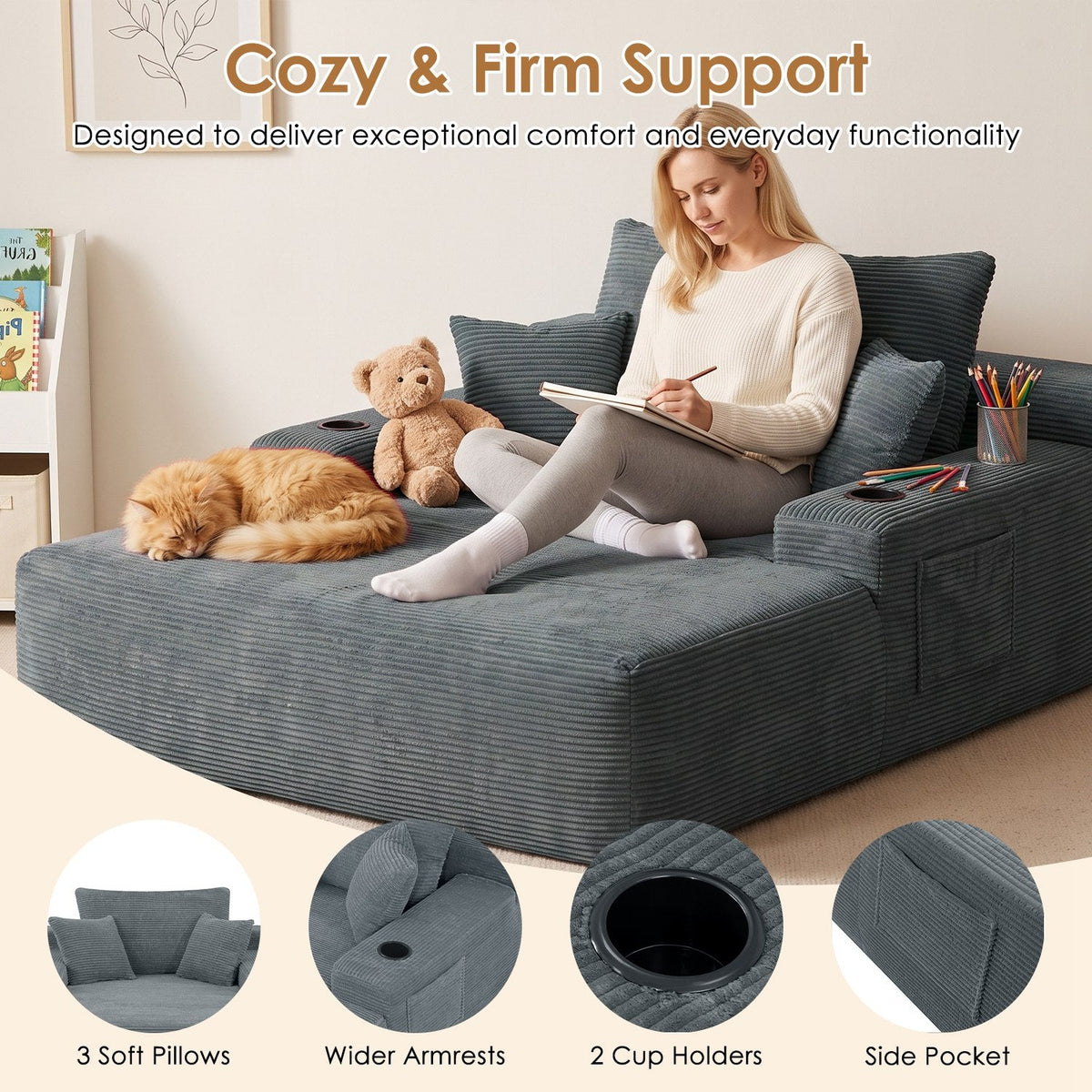 Convertible Chaise Lounge Sleeper Sofa with Cup Holders & Pillows
