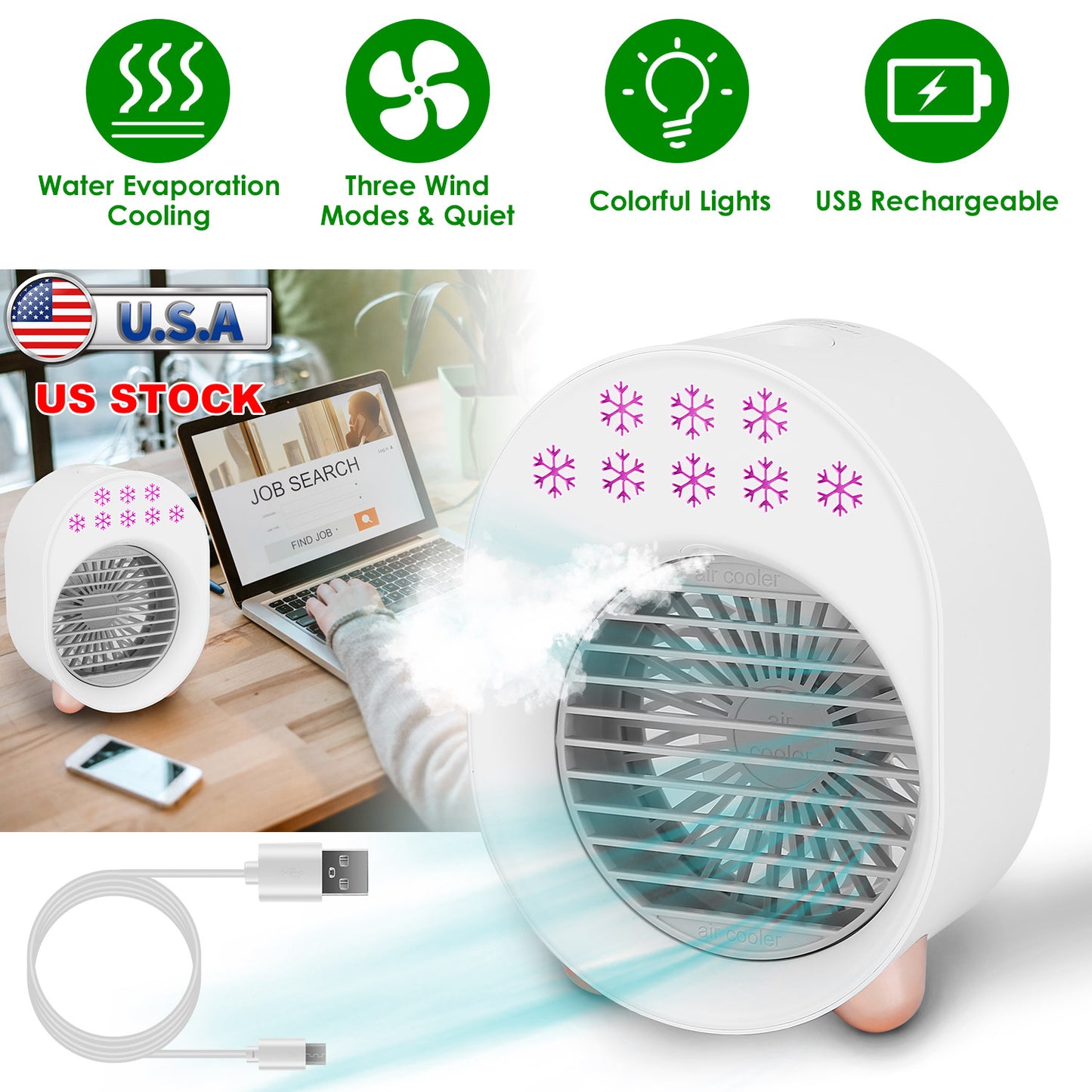 Portable Mini Air Conditioner Fan with Humidifier & LED Light