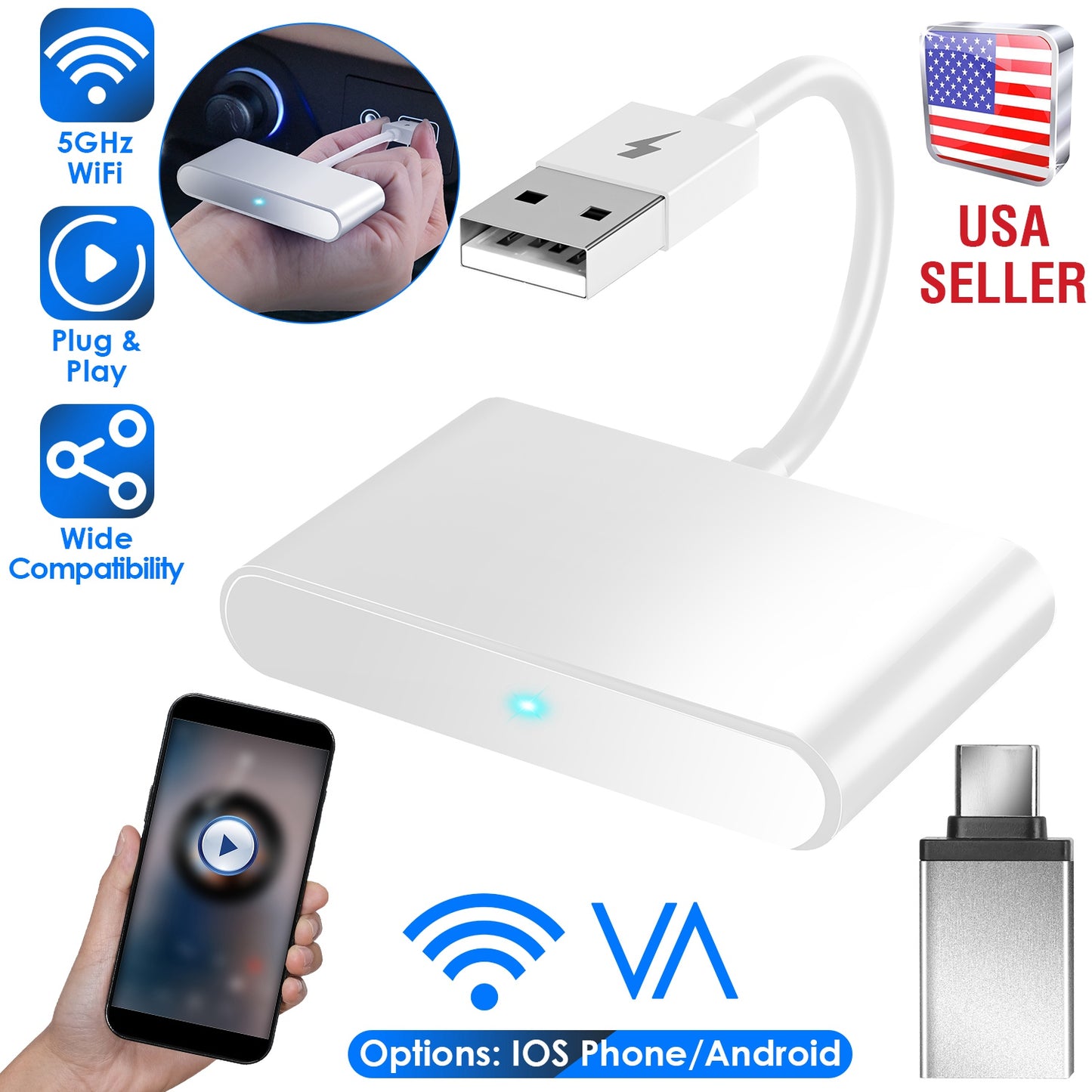 Wireless CarPlay Adapter for iPhone & Android - 5GHz WiFi