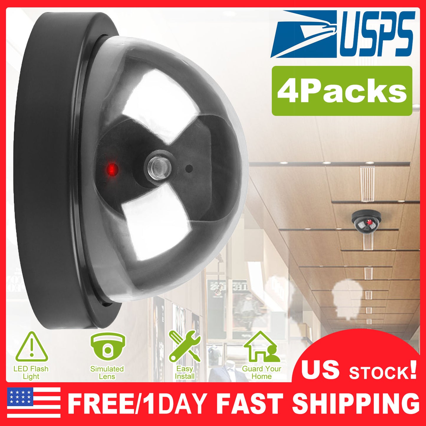 Dummy Security Camera Dome with Flashing LED Light (4-Pack)