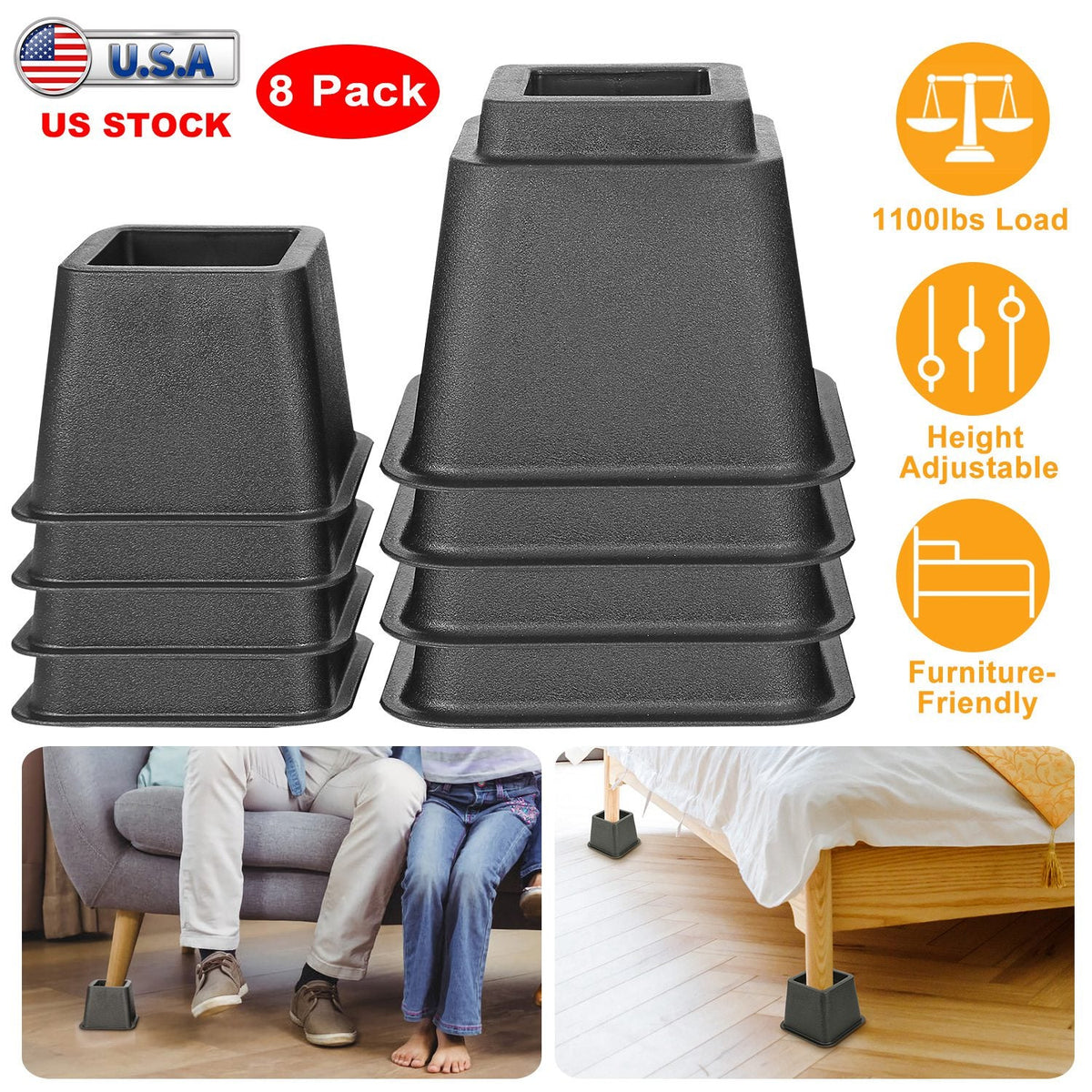 8Pcs Furniture Risers 500kg 1100lbs Capacity Bed Lifters Adjustable Couch Table Chair Risers