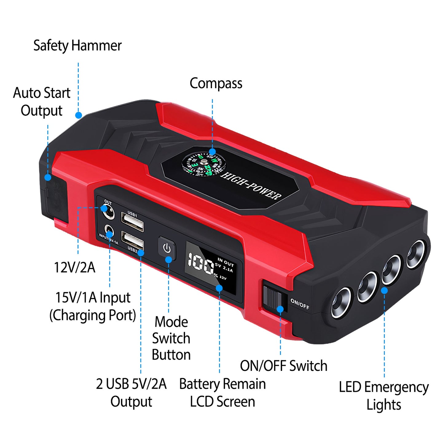 Car Jump Starter 800A 28000mAh with LCD Screen & LED Flashlight