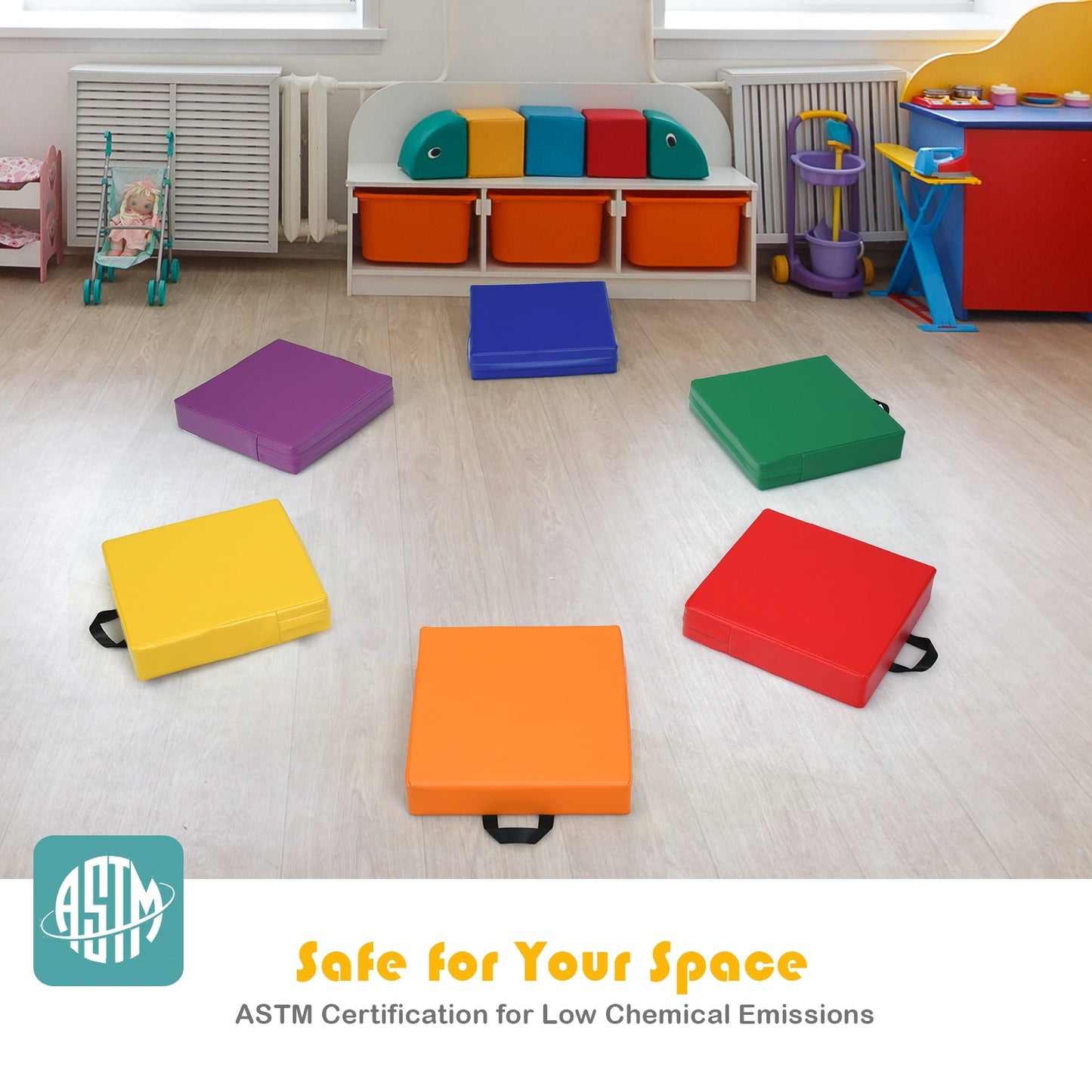 Square Toddler Floor Cushions 15" - Set of 6 with Handles