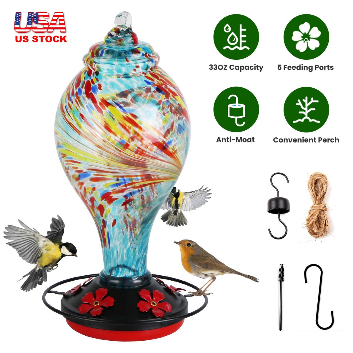 Glass Hummingbird Feeder 33OZ Hand Blown Hummingbird Feeder with 5 Flower Feeding Port Perch Ant Moat Hanging Hook S Hook Hemp Rope Cleaning Brush for
