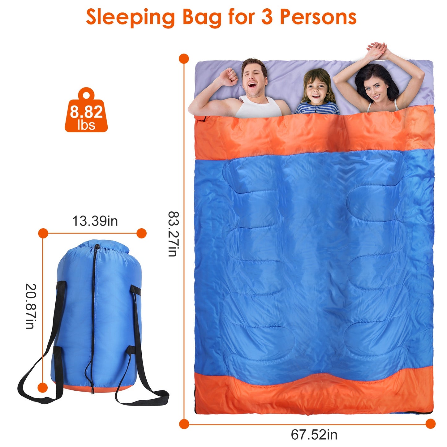 Double Sleeping Bag for 2-3 People - Water Resistant Cotton