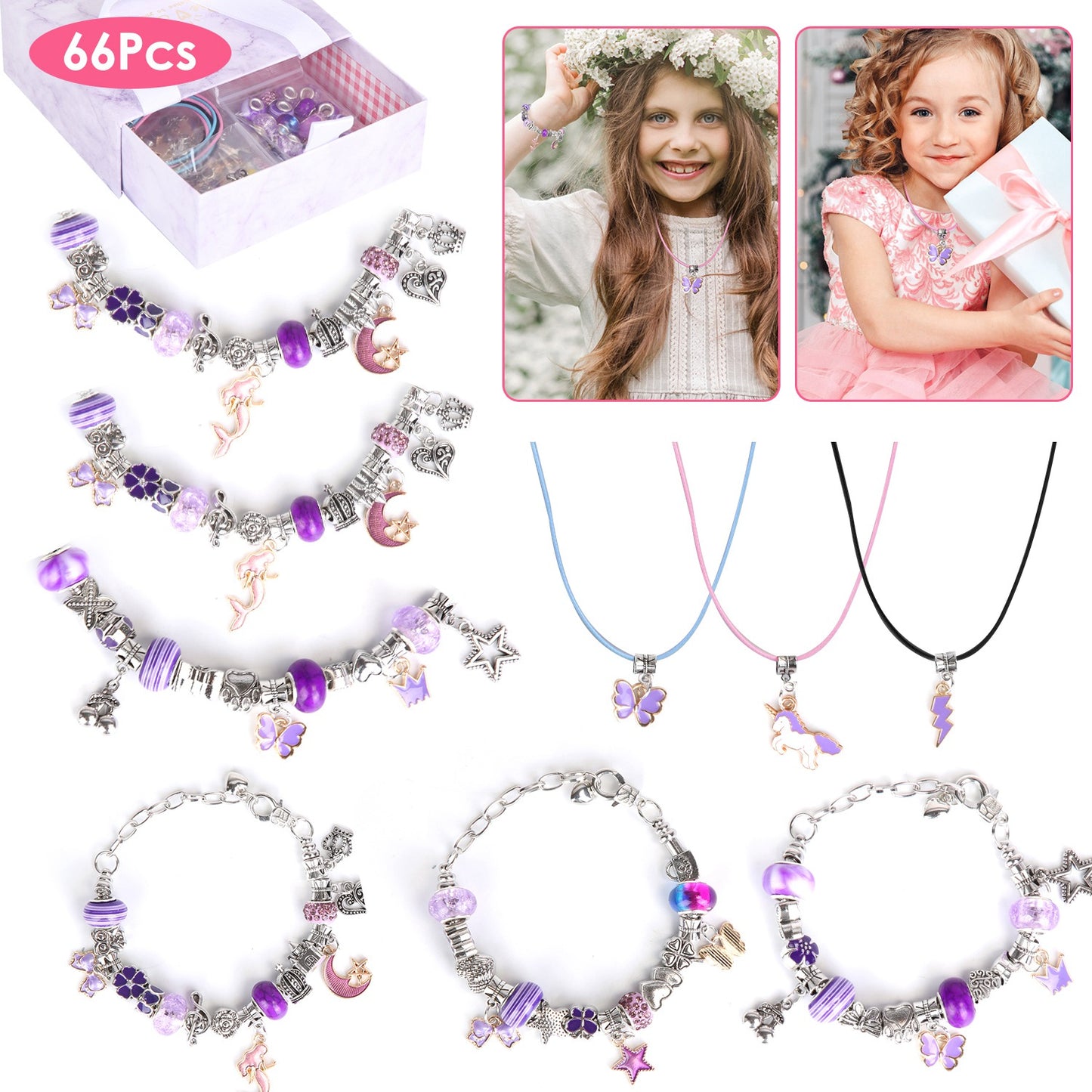 66-Piece Kids' DIY Charm Bracelet Kit